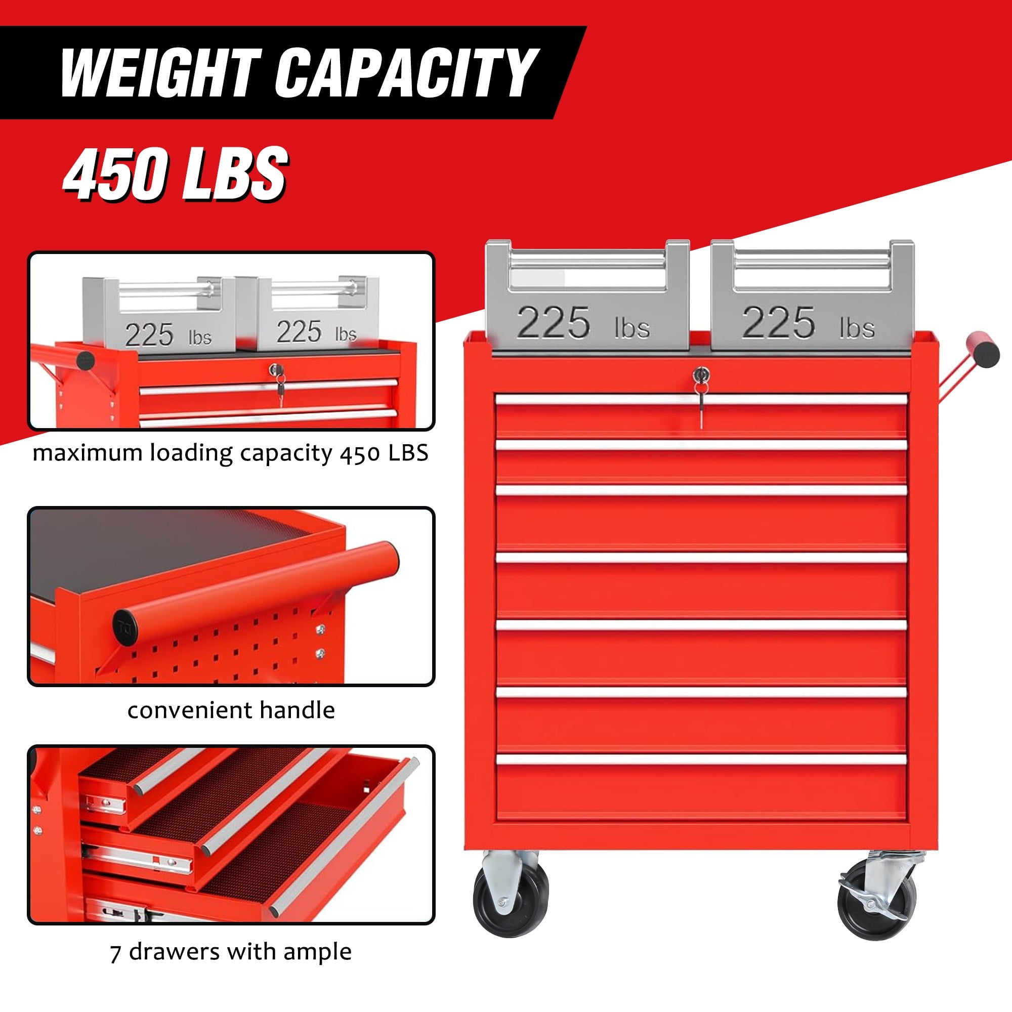 Chest on Wheels, Metal Cart box Storage Cabinet Organizer W/ 7 Drawers, Red - Image 5