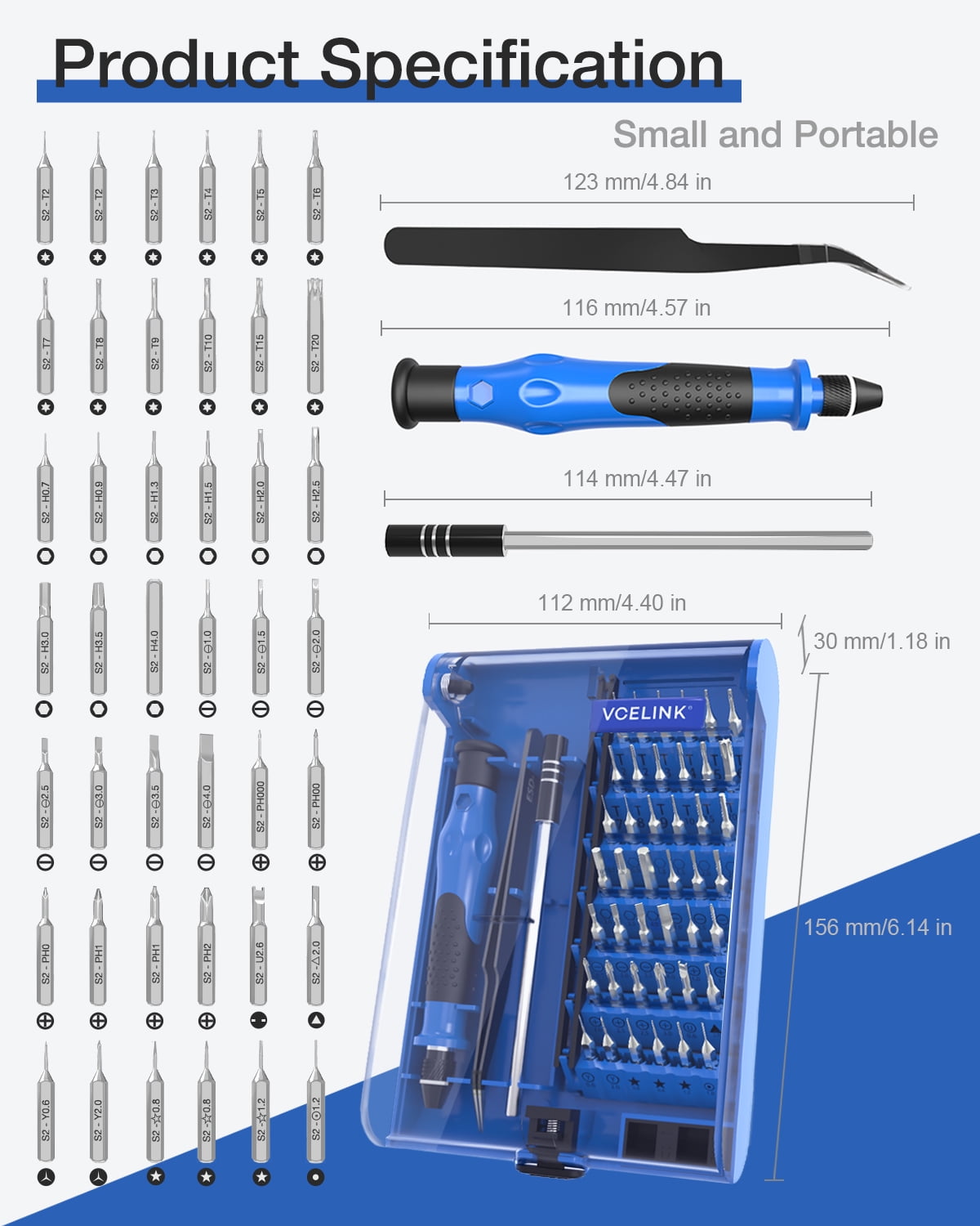 VCELINK Mini Screwdriver Set with 42 Bits, Tweezers, and 120mm Extension Rod - Image 2