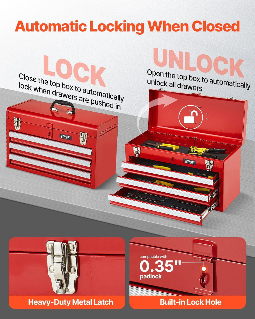 20.5-inch, 3-Drawer Portable Metal Chest with Tray, Red - Image 5
