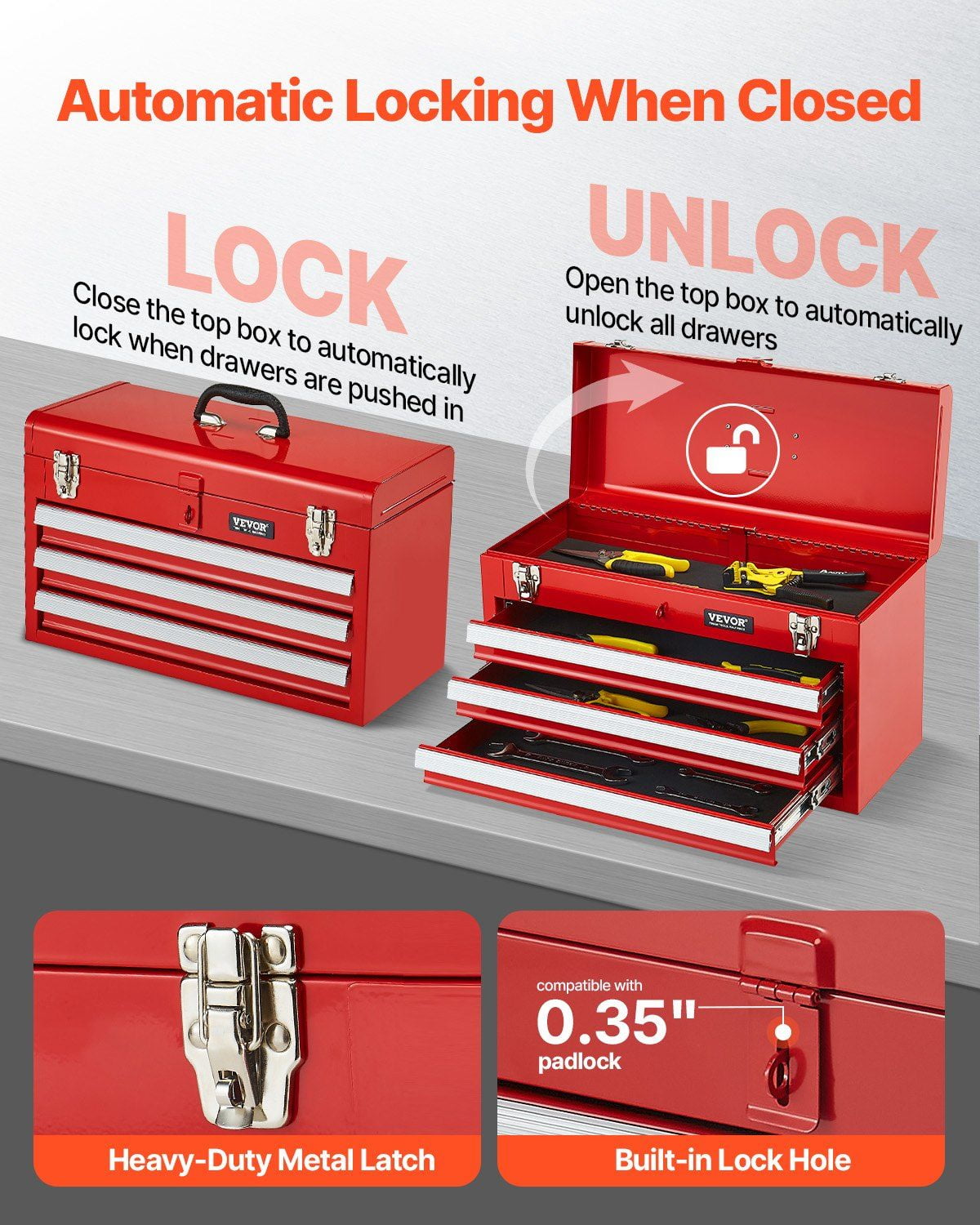 20.5-inch, 3-Drawer Portable Metal Chest with Tray, Red - Image 5