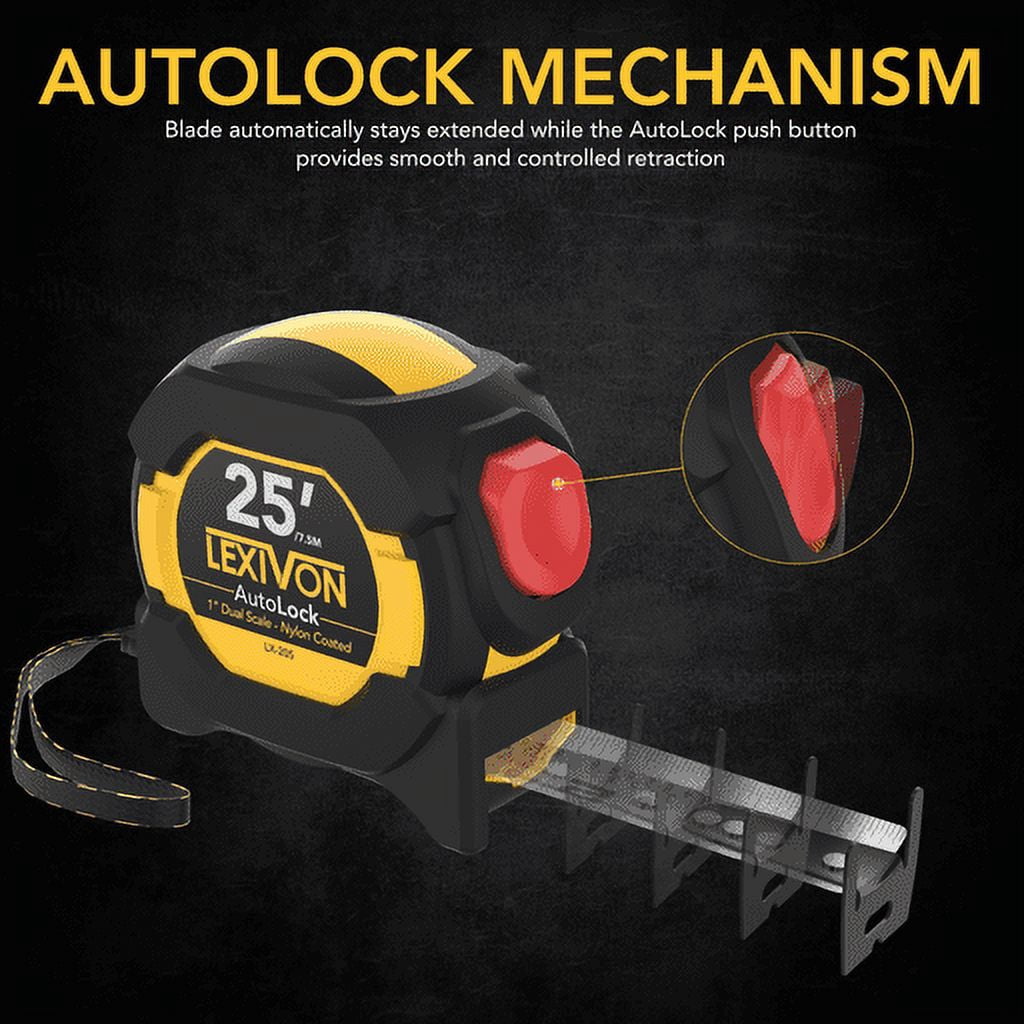 [3-Pack] 25Ft/7.5m AutoLock Tape Measure | 1-Inch Wide Blade with Nylon Coating, Matte Finish White & Yellow Dual Sid... - Image 5