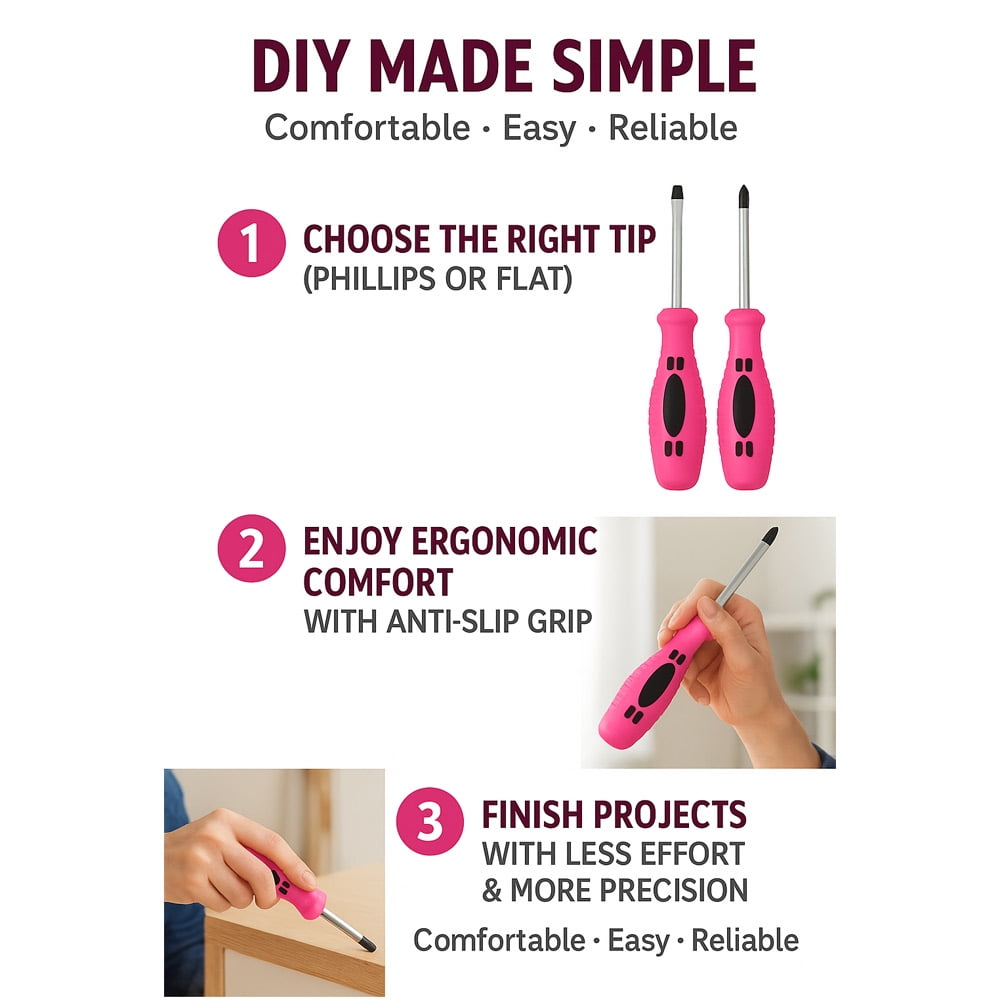 2 PC Ladies Pink Screwdriver Set Phillips Slotted Flat Head Womens Home Tools - Image 6