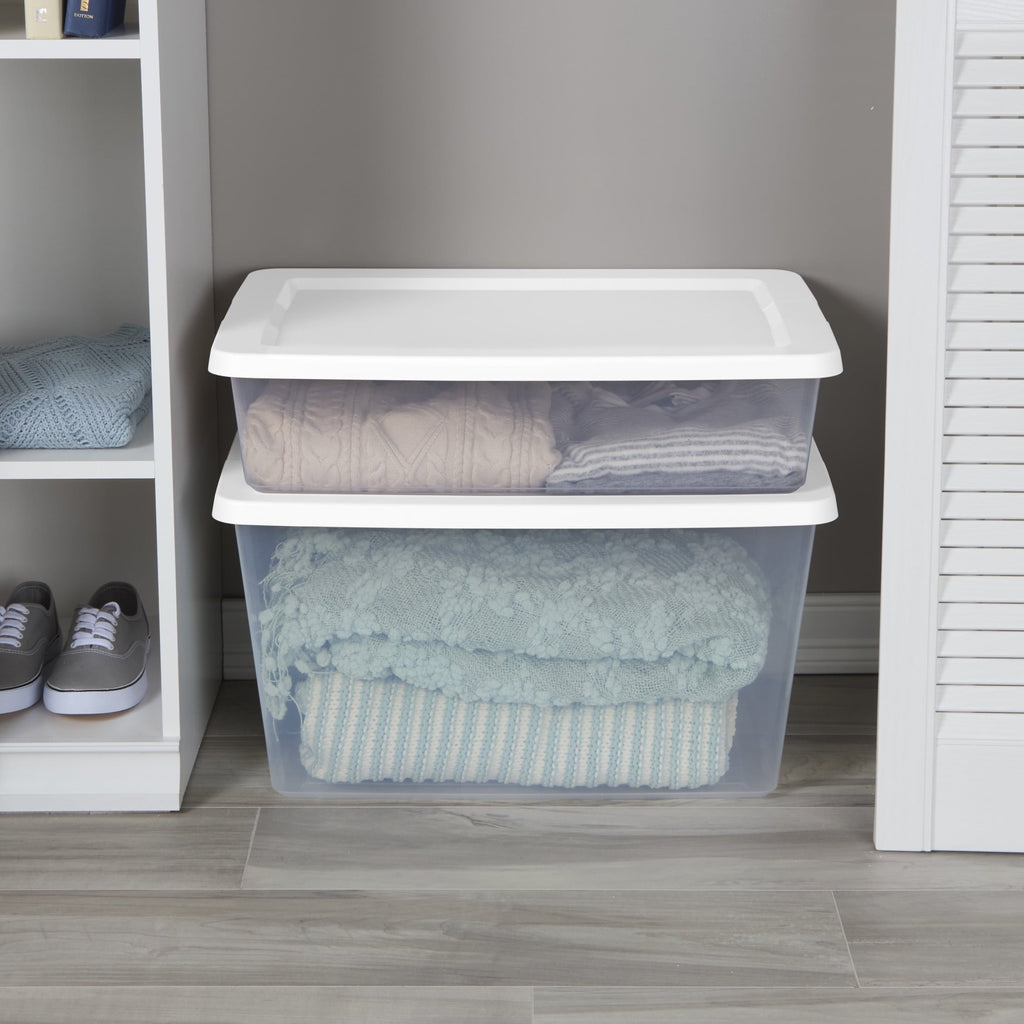 Set of (2) 28 Quart Storage Bins, Clear Plastic Storage Bin with Snap-on Lid, White