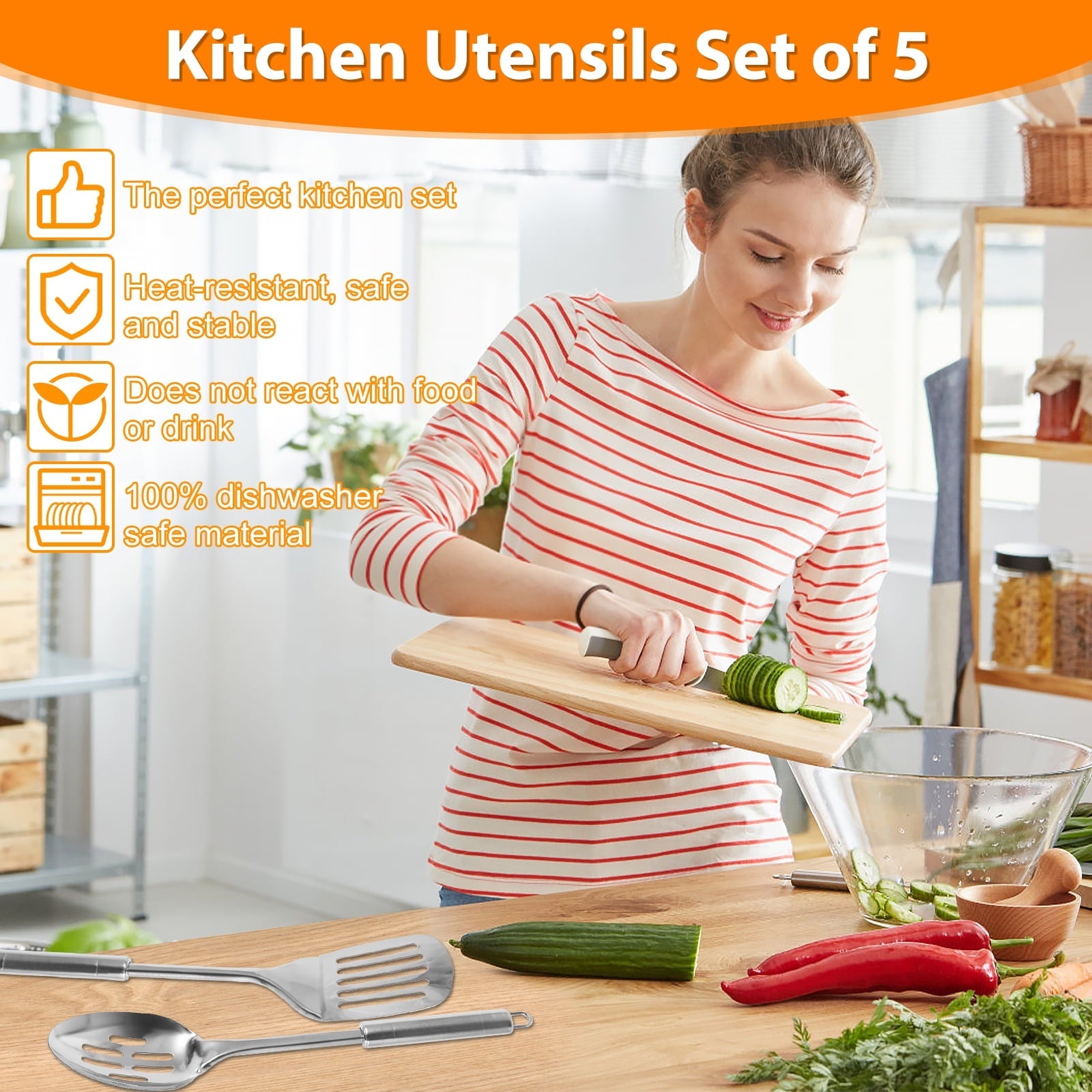 Qenwkxz 5pcs Kitchen Tools and gadgets Cooking Utensils Set Stainless Steel Spoons Spatula Set with Heavy-Duty Washable Utensils with Handle Hole Kitchen Gadgets Tools Set for Wome