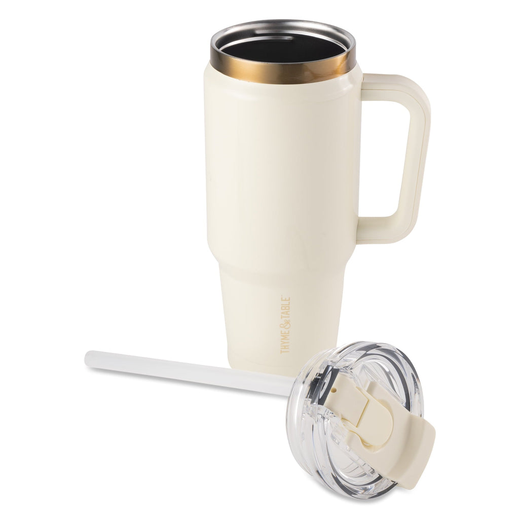 Thyme &amp; Table 32 fl oz Stainless Steel Luna Tumbler with Handle and Dual Straw Lid, Cream &amp; Black Check