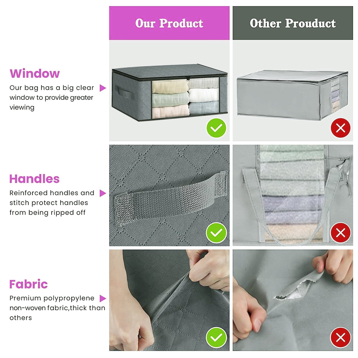 Storage Box, 6 Pack Clothes Organizer with Clear Windows, Sturdy Handles Storage Bag 19.7 x 13.78 x 7.87 inches, Gray