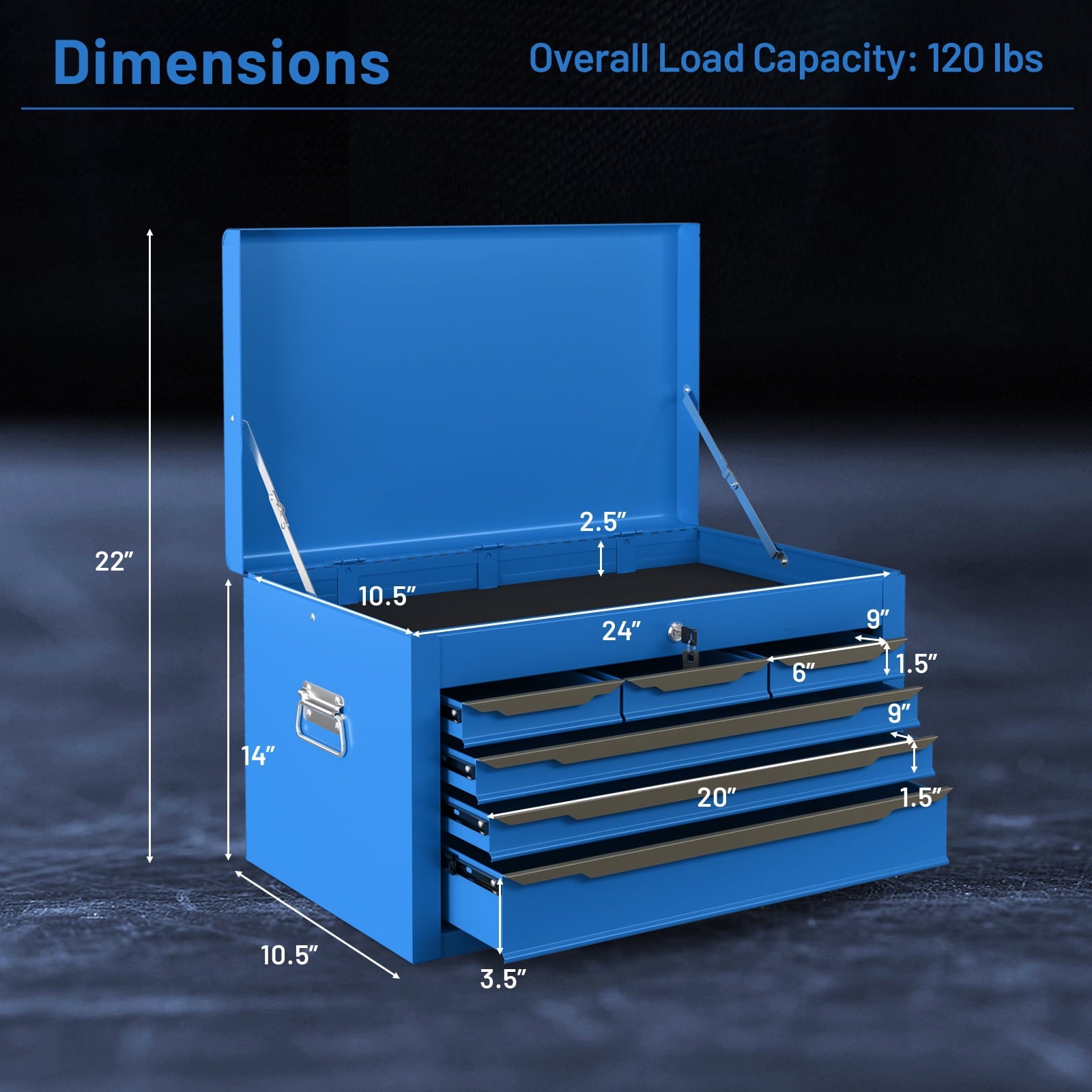 24'' Tool Chest Case Steel Tool Box w/ 6 Drawers Top Storage Automatic Lock Blue - Image 3