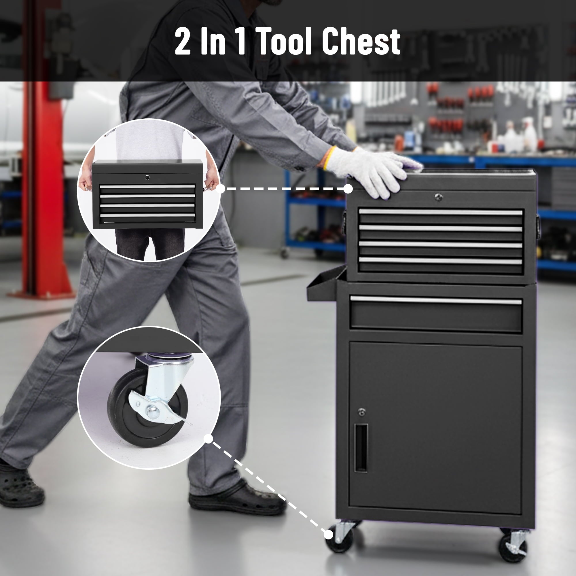 5-Drawer Rolling Tool Chest, Stainless Steel Tool Box with Brake Wheels and 4 Drawers, Black Detachable Tool Cart, Black - Image 5