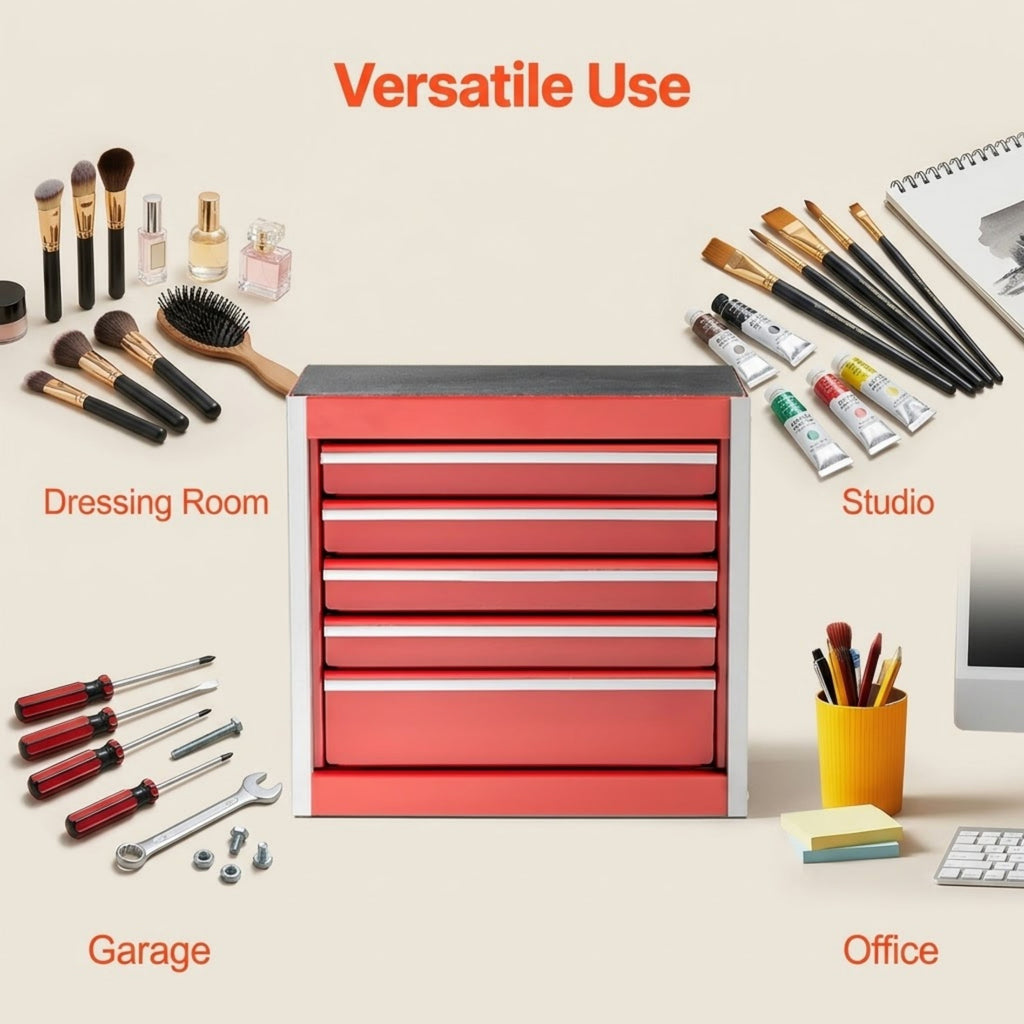 8.6" Mini Metal Tool Box with 5 Drawers, Heavy Duty Steel Portable Tool Chest, Red - Image 5