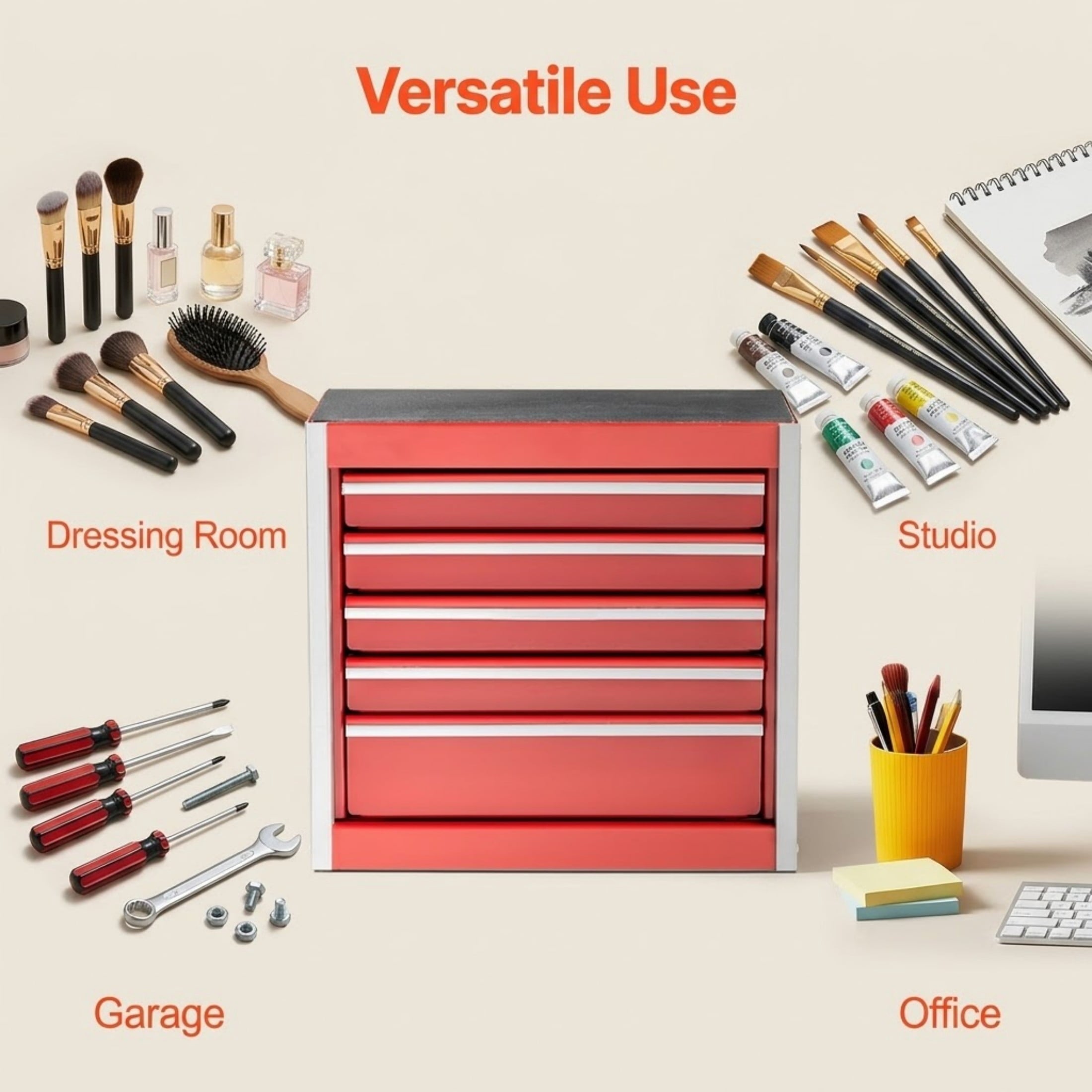 8.6" Mini Metal Tool Box with 5 Drawers, Heavy Duty Steel Portable Tool Chest, Red - Image 5