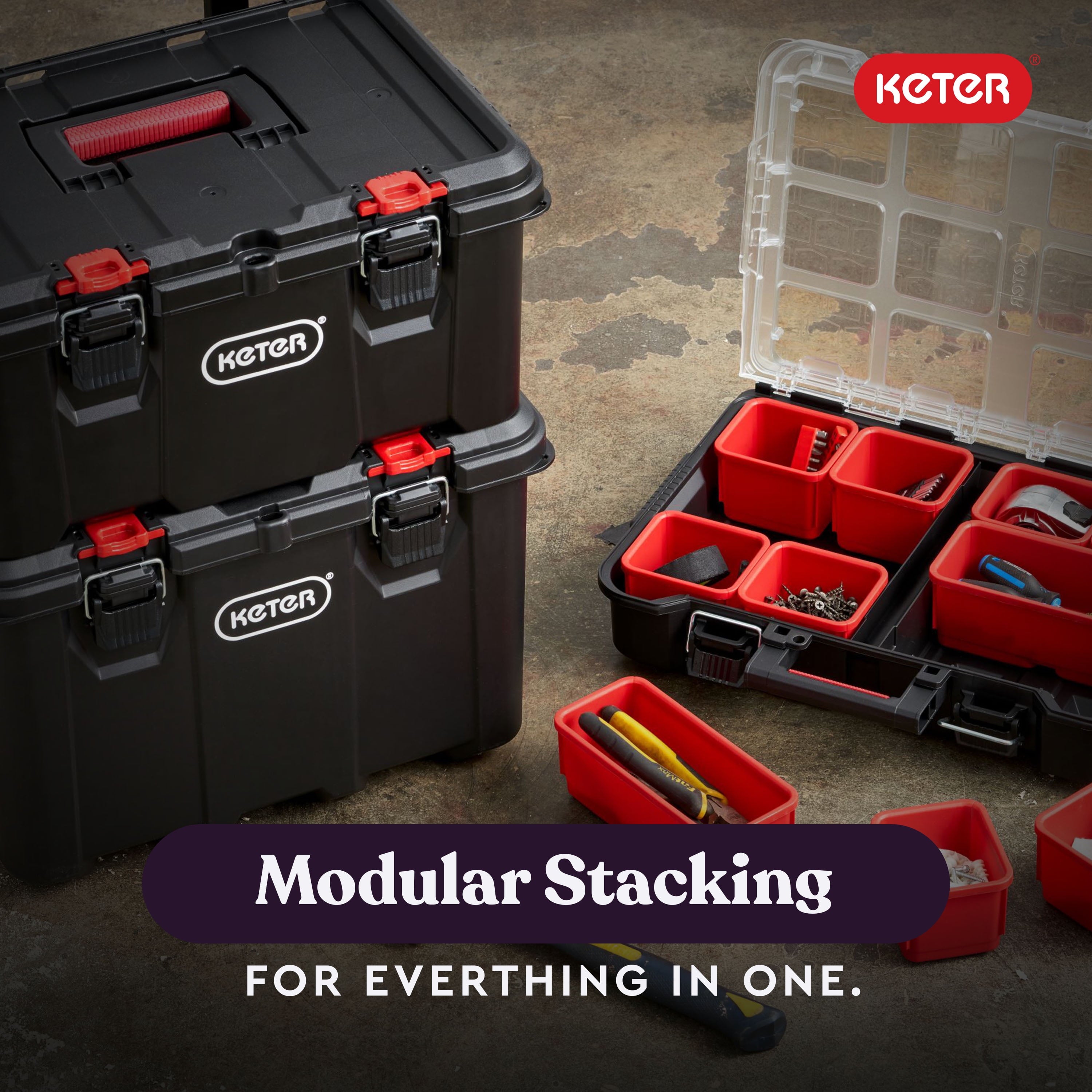 Keter Stack-n-Roll 3 Piece Modular Toolbox System Resin Mobile Tool Storage and Organization - Image 5