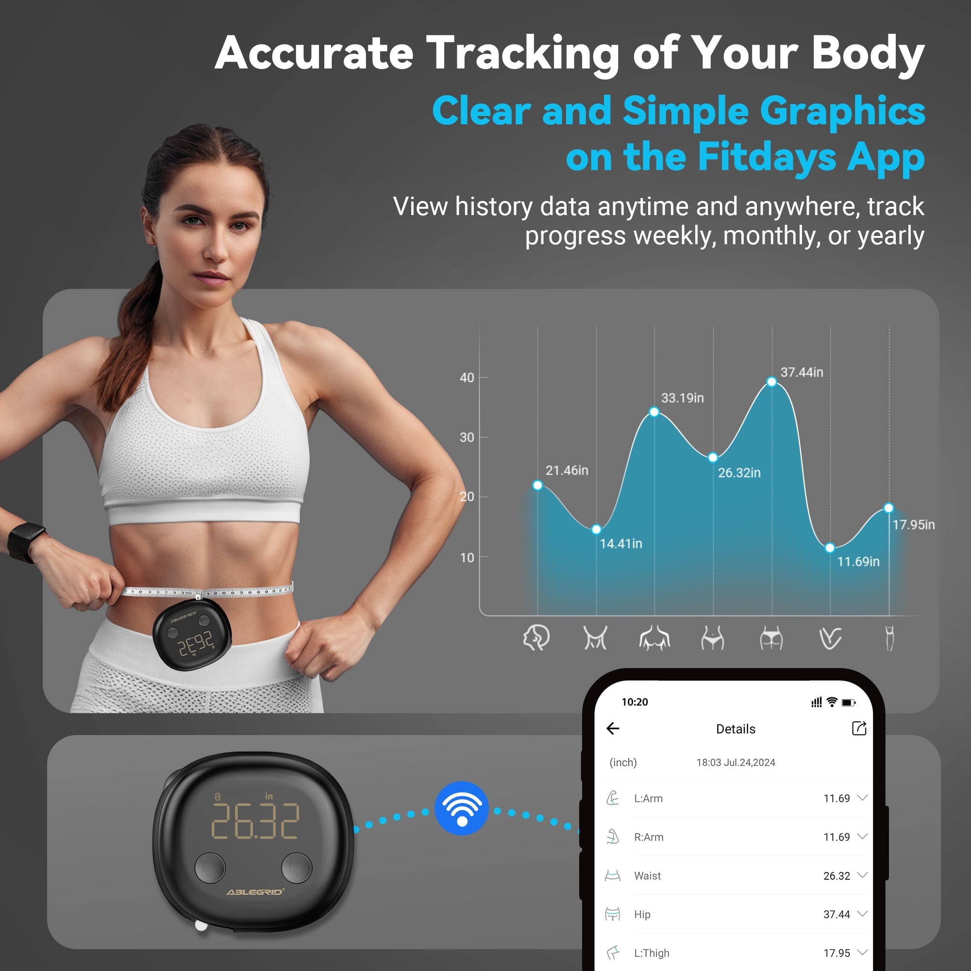 ABLEGRID Smart Body Tape Measure, Rechargeable Body Measuring Tape with APP, Accurate Retractable Digital Body Fat Measurement Device for Mu - Image 3
