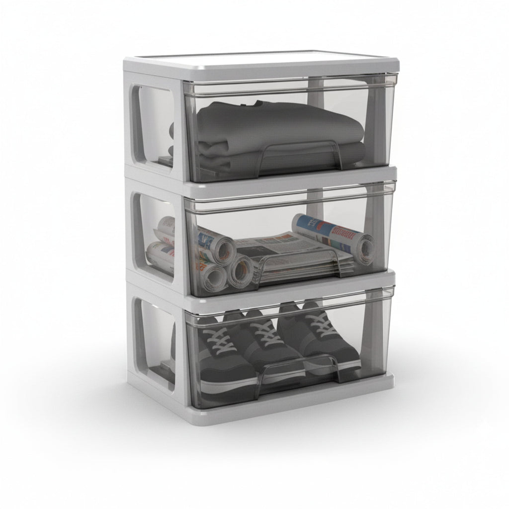 Knock Down Medium Storage Cart with Drawers, Silver Plastic
