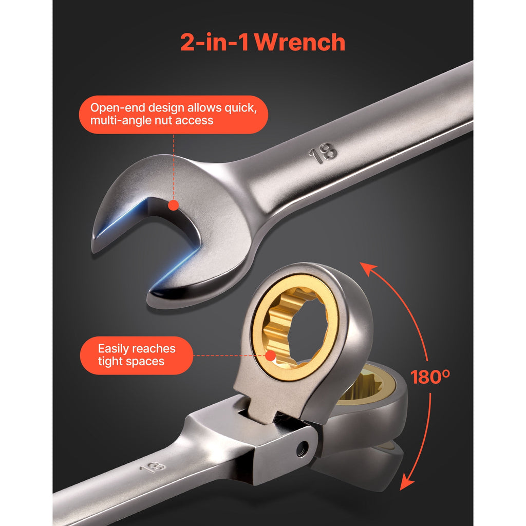 KFFKFF 12-Piece Metric Flex-Head Ratcheting Wrench Set, 8 mm to 19 mm, 72-Tooth Cr-V Steel Combination Wrenches with Roll-Up Pouch, Ideal fo - Image 4