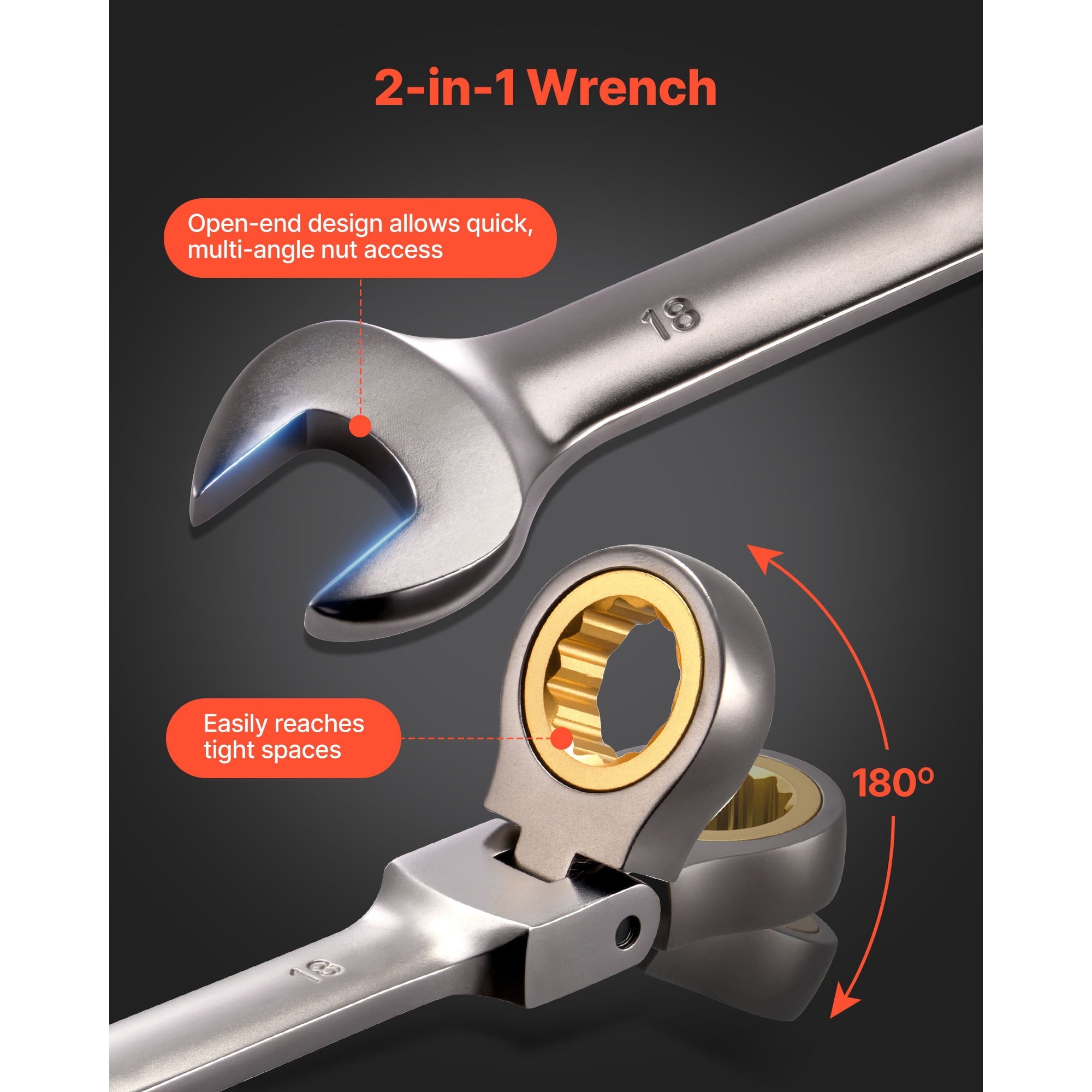 KFFKFF 12-Piece Metric Flex-Head Ratcheting Wrench Set, 8 mm to 19 mm, 72-Tooth Cr-V Steel Combination Wrenches with Roll-Up Pouch, Ideal fo - Image 4