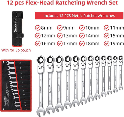 12-Piece Flex-Head Wrench Set, Ratcheting Combination Set, Metric 8-19mm, 72-Teeth,Cr-V Steel Ratchet Wrenches Set wi... - Image 2
