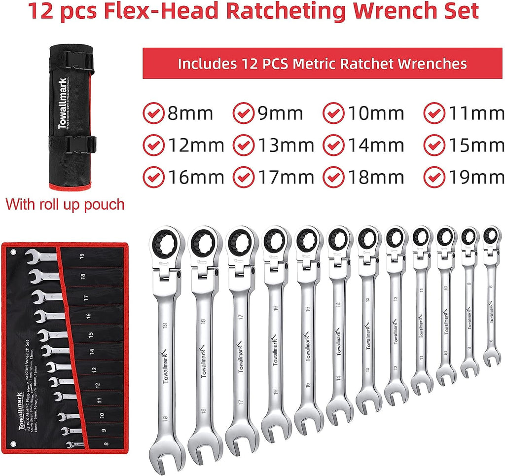 12-Piece Flex-Head Wrench Set, Ratcheting Combination Set, Metric 8-19mm, 72-Teeth,Cr-V Steel Ratchet Wrenches Set wi... - Image 2