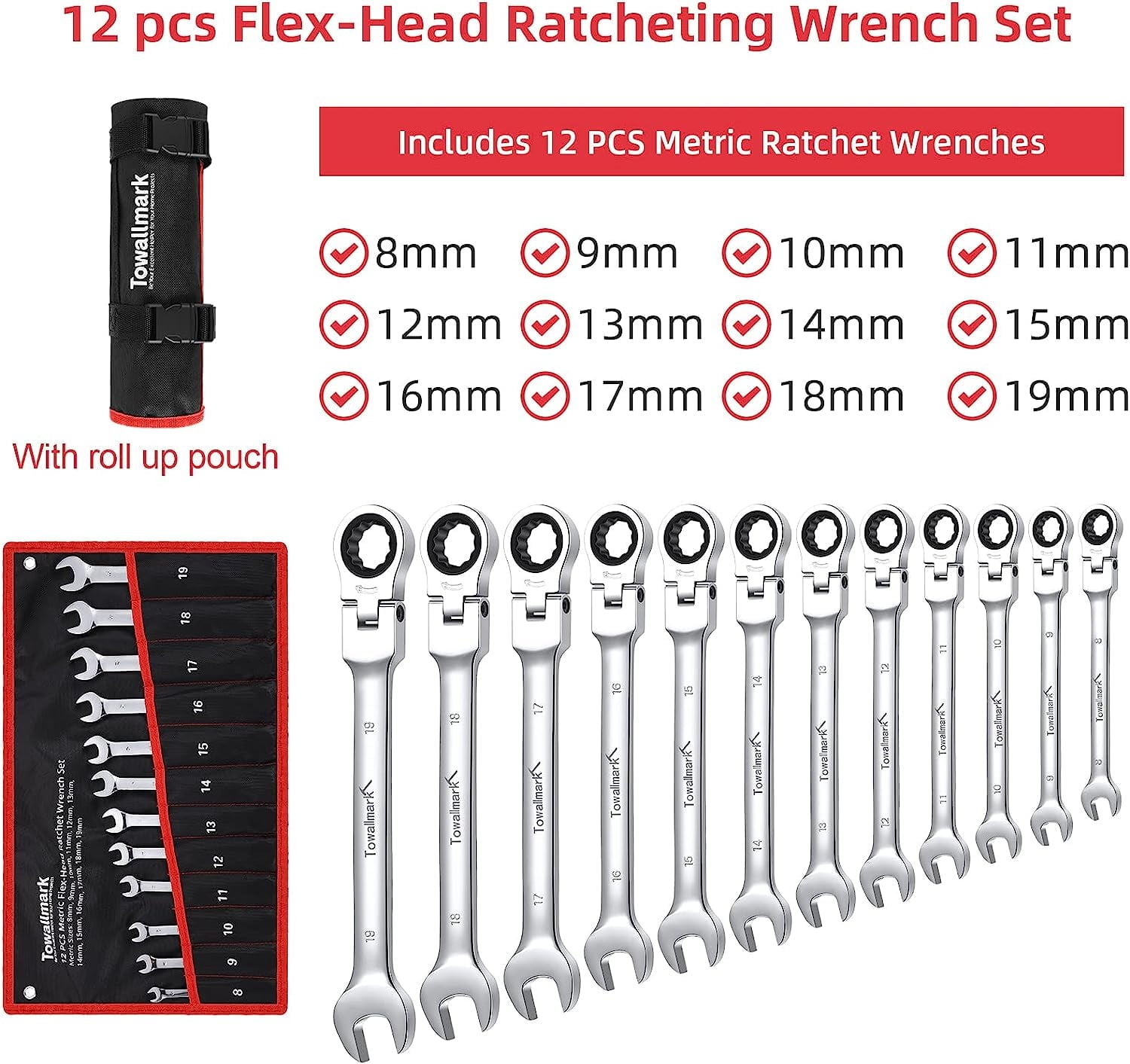 12-Piece Flex-Head Wrench Set, Ratcheting Combination Set, Metric 8-19mm, 72-Teeth,Cr-V Steel Ratchet Wrenches Set wi... - Image 2