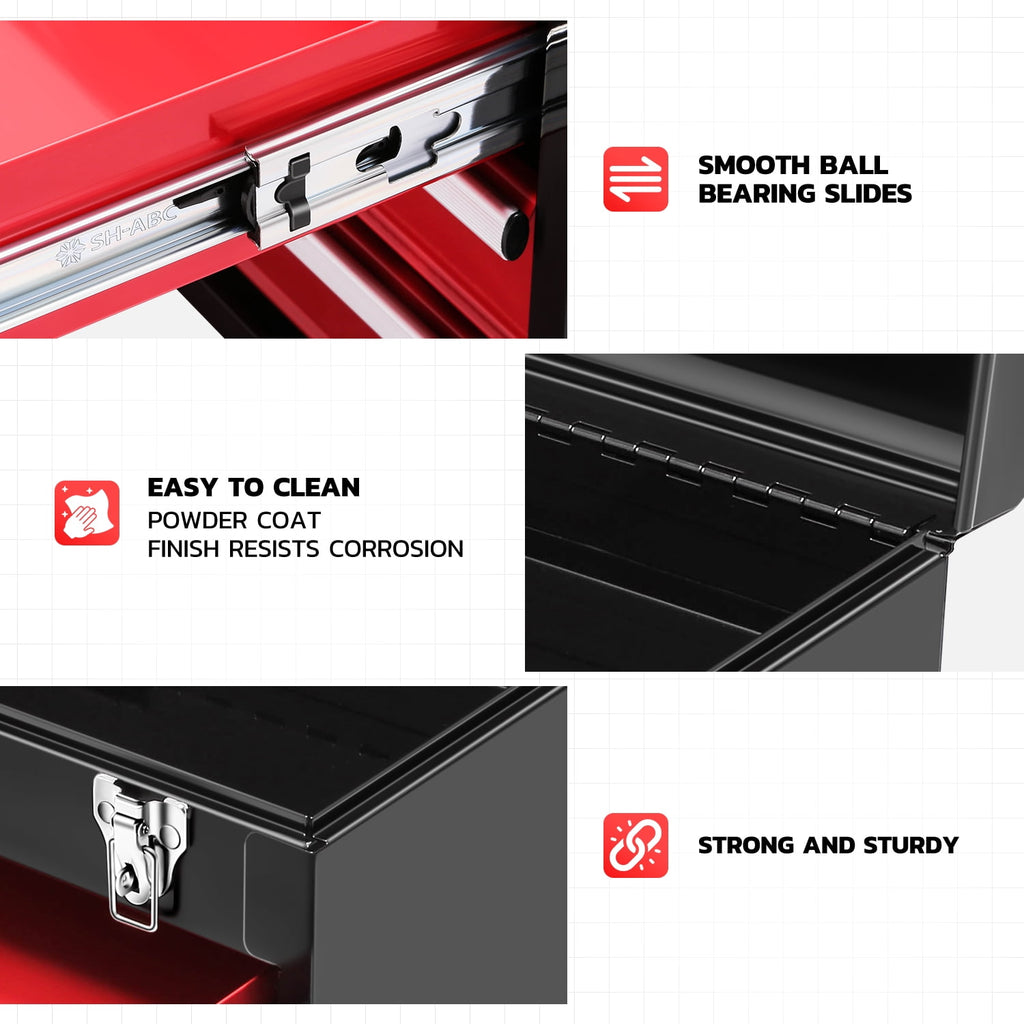 TOOLS-00408 20" 2 Drawers Sturdy Durable Flat Top Steel Portable Hand Carry Multiple Storage Tool Storage Box Red - Image 6