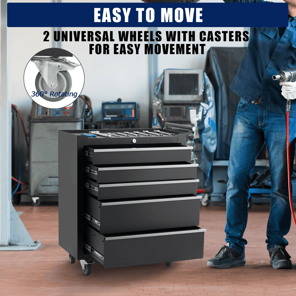 5-Drawer Rolling Tool Chest with Wheels & Lock System, Portable Tool Box Storage for Workshop, Garage, Warehouse, Black - Image 2