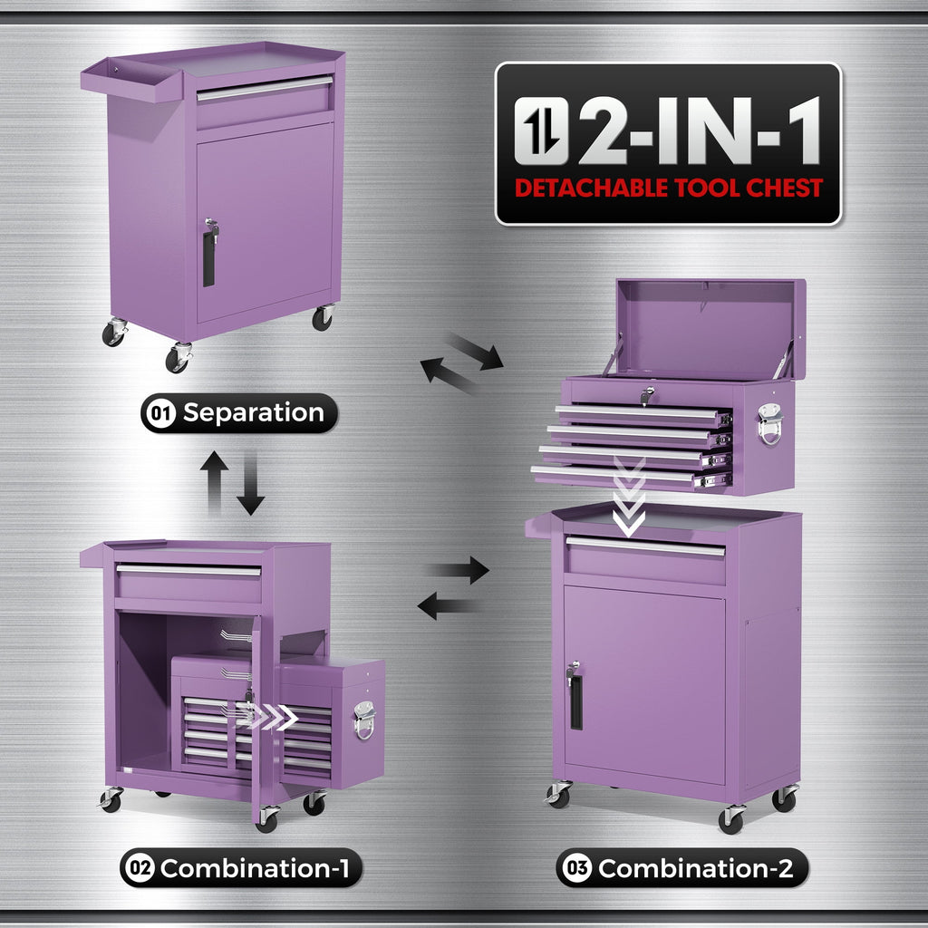 SUNCROWN 5-Drawer Rolling Tool Chest, Storage Cabinet with Detachable Top Tool Box, Tool Chest with Universal Lockable Wheels, Metal Tool Ca - Image 3