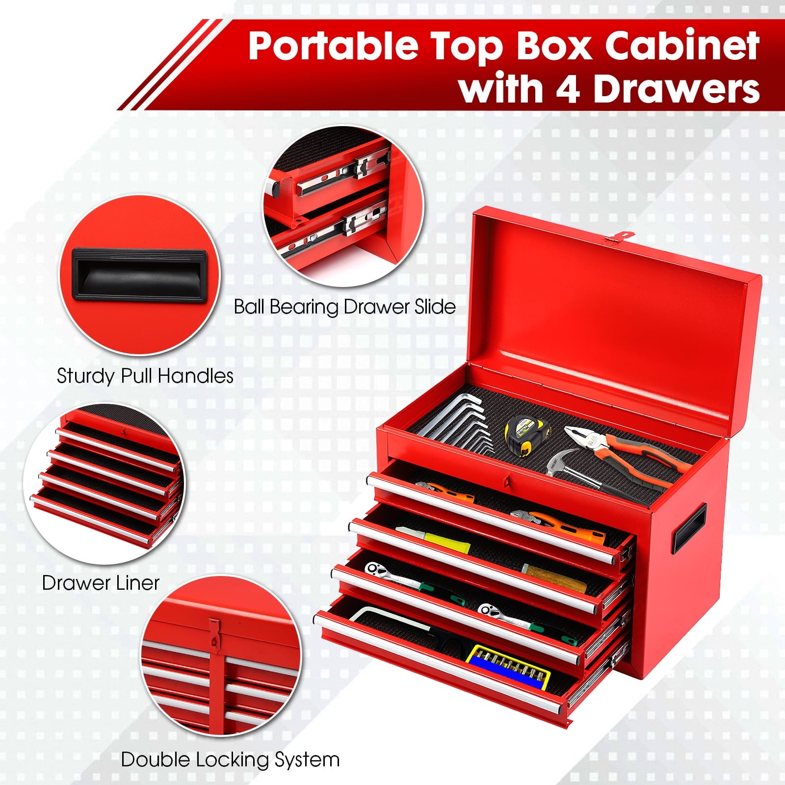 5-Drawer Tool Chest with Detachable Box, Lockable Wheels & 4 Hooks, Red - Image 6
