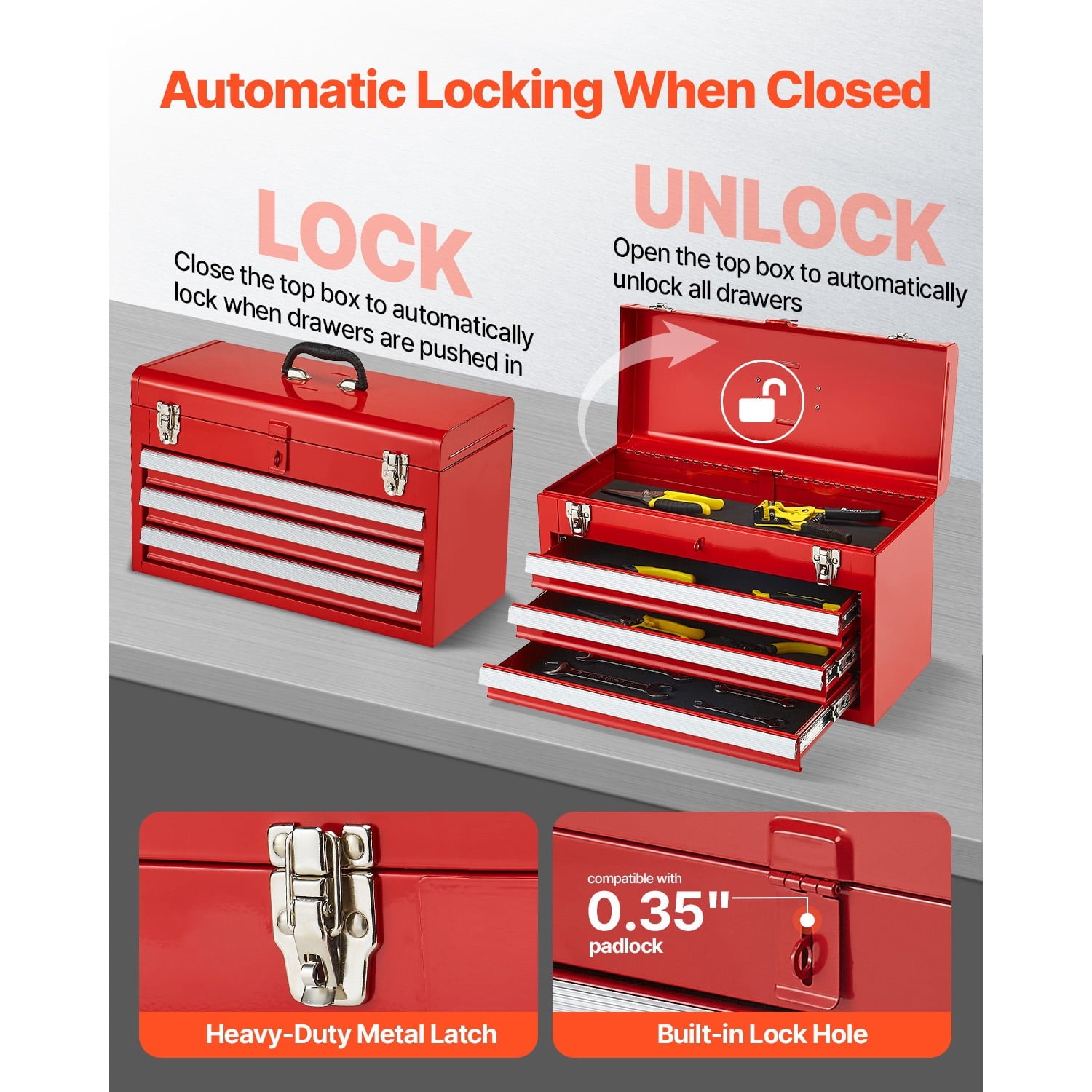 20.5-Inch Portable Metal Tool Box with 3 Drawers, Small Tool Chest Featuring Liners, Ball-Bearing Slides, Lockable De... - Image 3