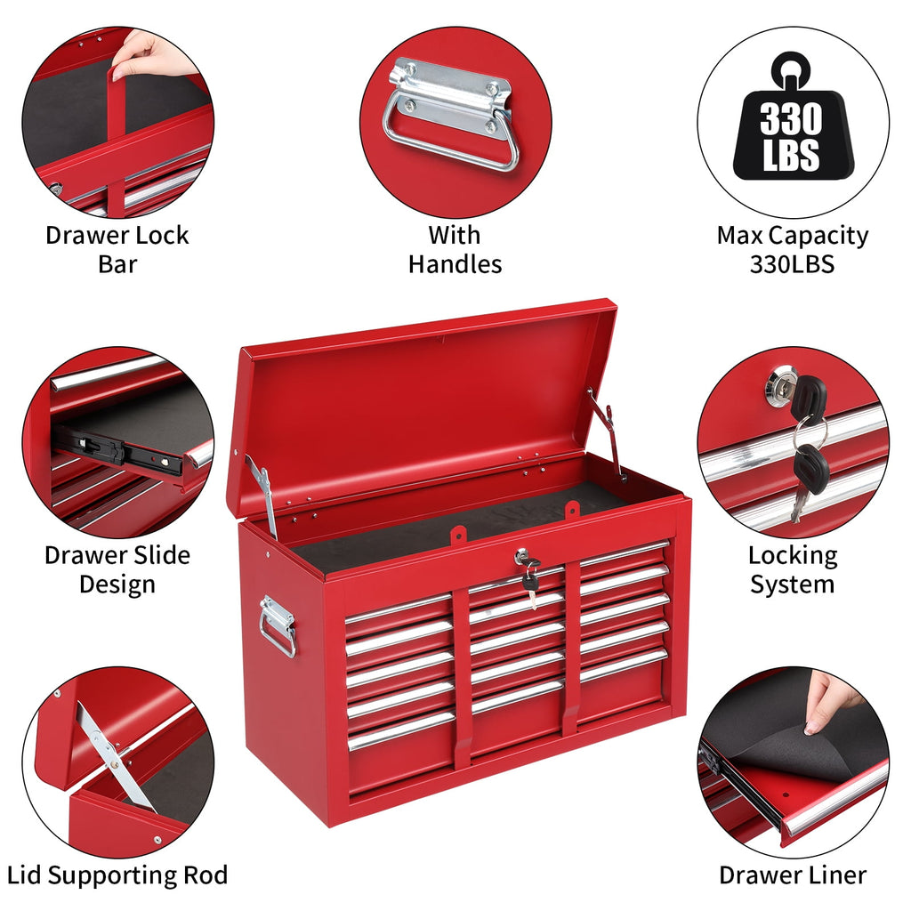 Portable 5 Drawer Steel with Top Storage Tray & Carrying Handle, for Garage Trunk Household, Red - Image 4