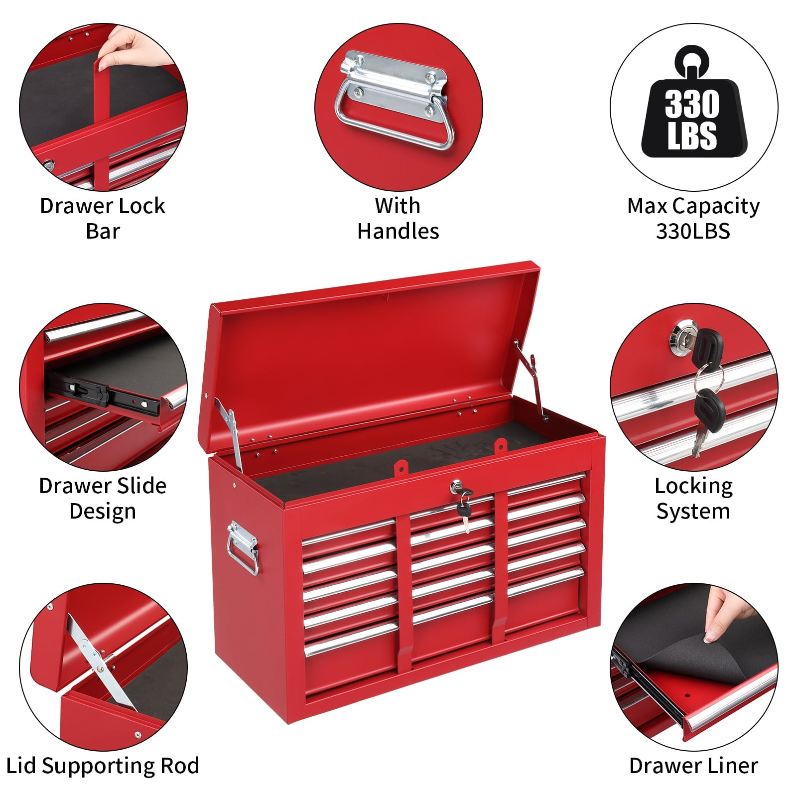 Portable 5 Drawer Steel with Top Storage Tray & Carrying Handle, for Garage Trunk Household, Red - Image 4