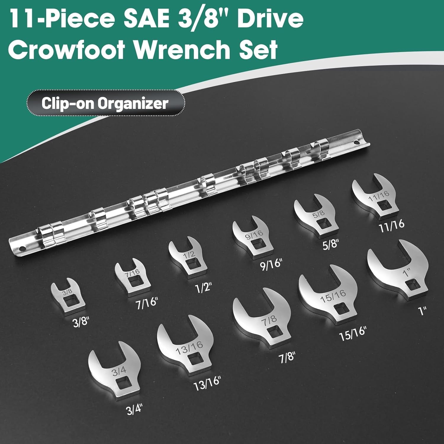 11-Piece Crows Foot Wrench Set, SAE Sizes 3/8" to 1" Crowsfoot Wrenches Set Metric with Clip-on Organizer, Drive Flar... - Image 3