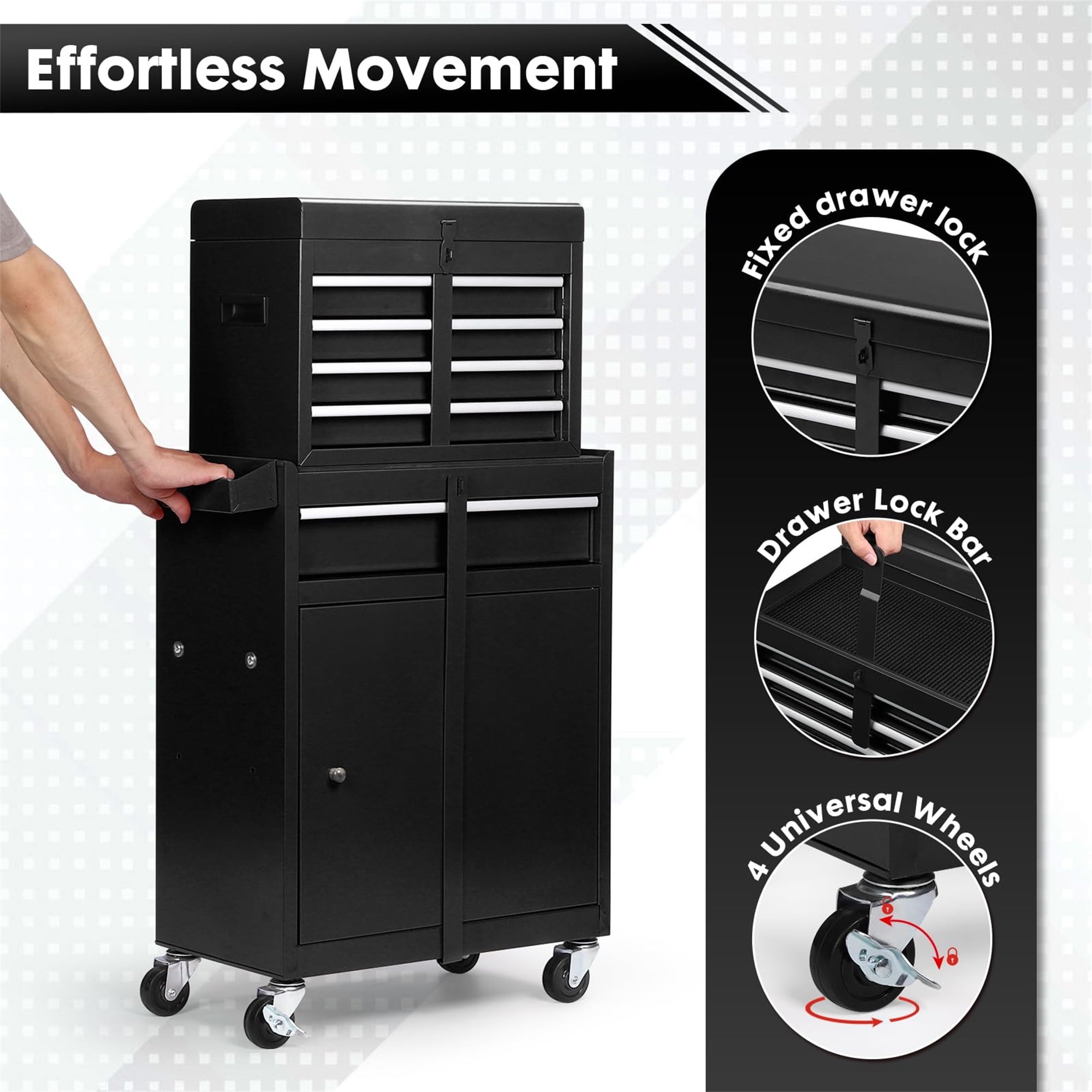 2 in 1 Steel Rolling Box & Cabinet On Wheels for Garage, 5-Drawer, Black - Image 4