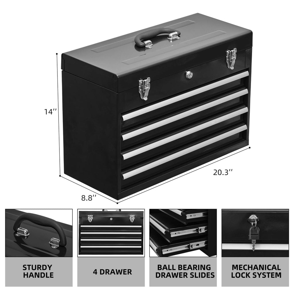 Tool Box, 20 in Steel 4-Drawer Toolbox with Automatic Lock System for Garage, Black - Image 3