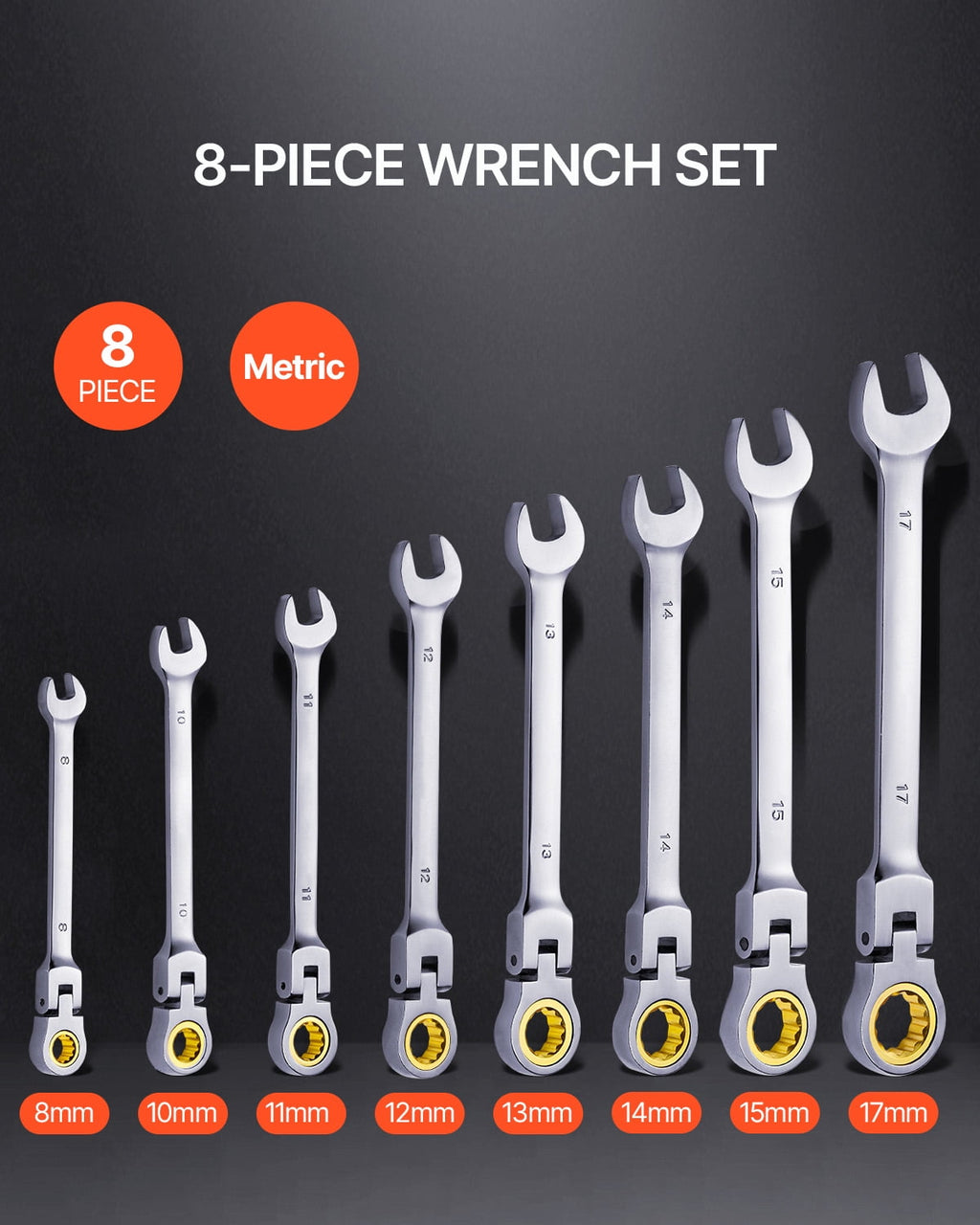 KFFKFF 8-Piece Flex-Head Ratcheting Wrench Set with Roll-Up Pouch, Cr-V Steel Combination Wrenches, Metric Sizes 8 mm to 17 mm, Suitable for - Image 2
