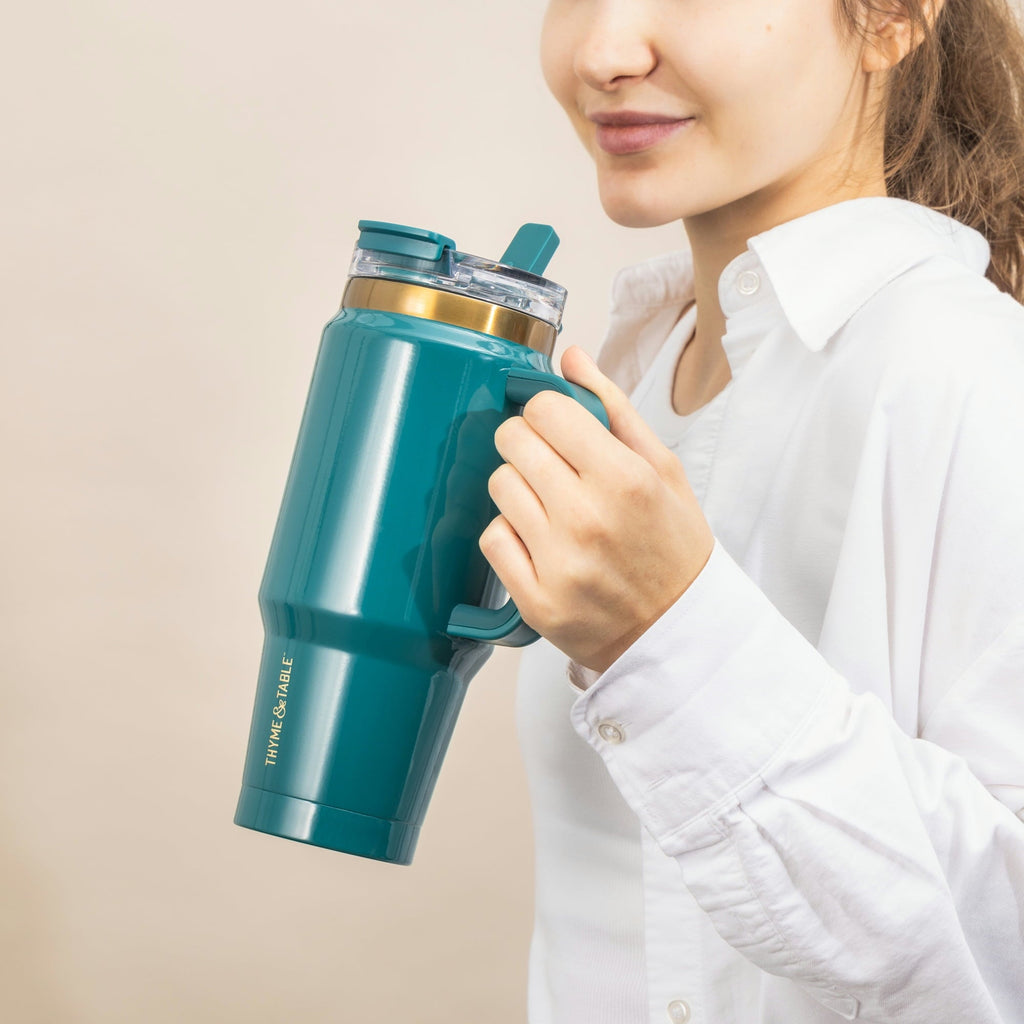 Thyme &amp; Table 32 fl oz Stainless Steel Luna Tumbler with Handle and Dual Straw Lid, Cream &amp; Black Check