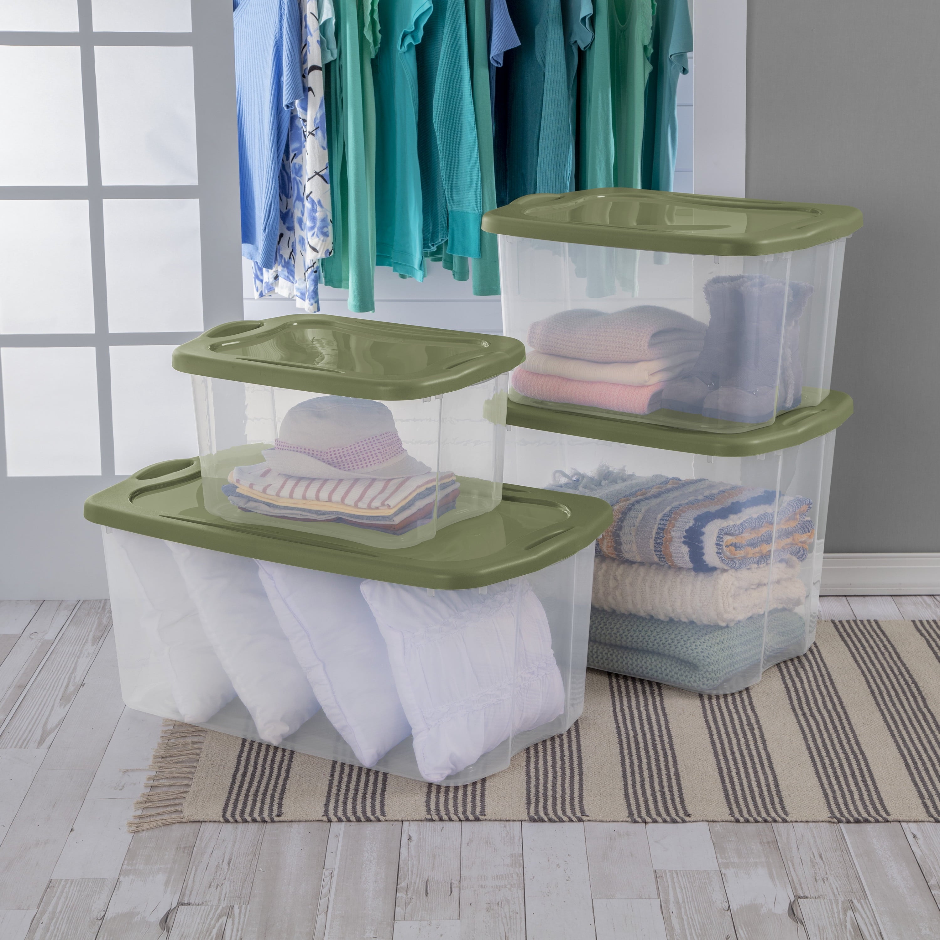 EZ Carry 120 Quart Extra-Large Storage Bin, Clear Plastic Storage Container with Full-Grip Handles, Green