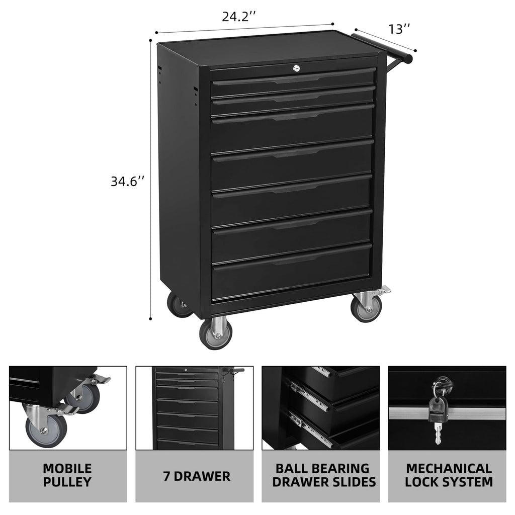 7-Drawer Rolling Tool Chest Cabinet, Large Capacity Metal Tool Box with Wheels,Black02 - Image 2