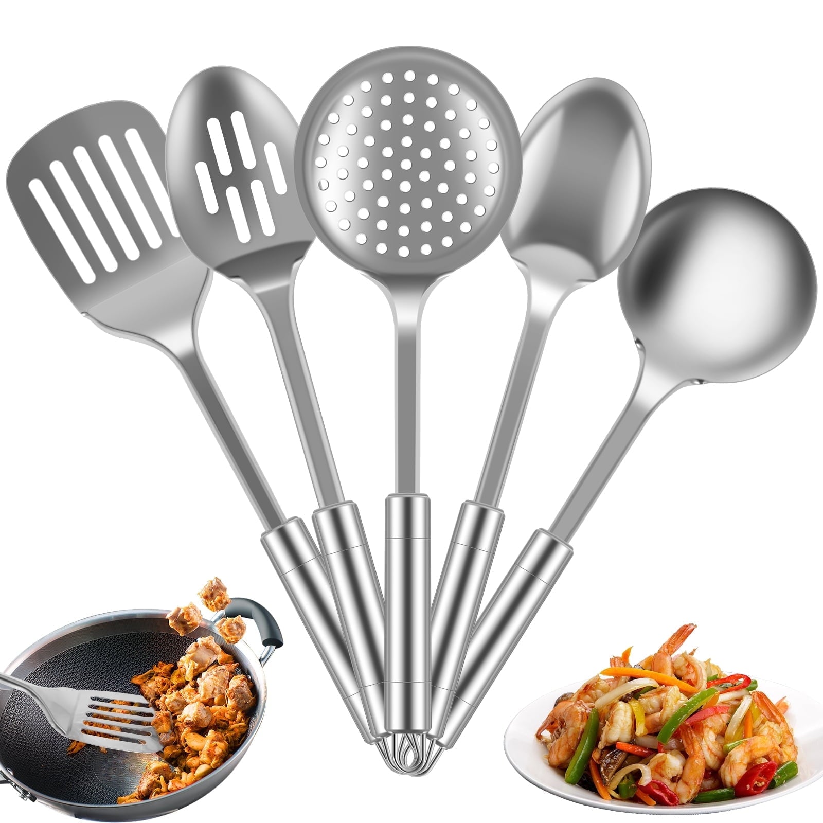 Qenwkxz 5pcs Kitchen Tools and gadgets Cooking Utensils Set Stainless Steel Spoons Spatula Set with Heavy-Duty Washable Utensils with Handle Hole Kitchen Gadgets Tools Set for Wome