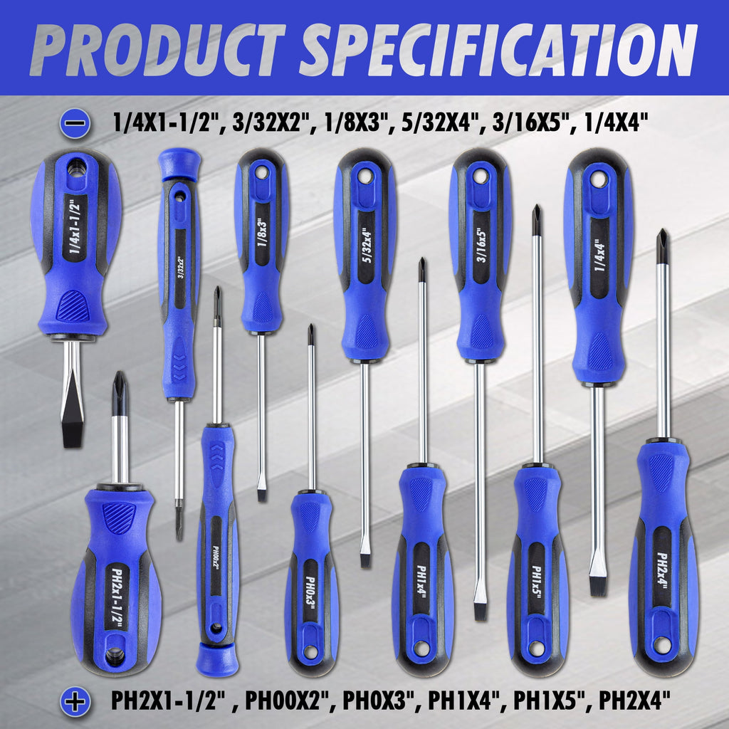 CARTMAN 12 Piece Magnetic Screwdriver Set - 6 Phillips and 6 Flat, Professional Cushion Grip Hand Tools Set - Image 6