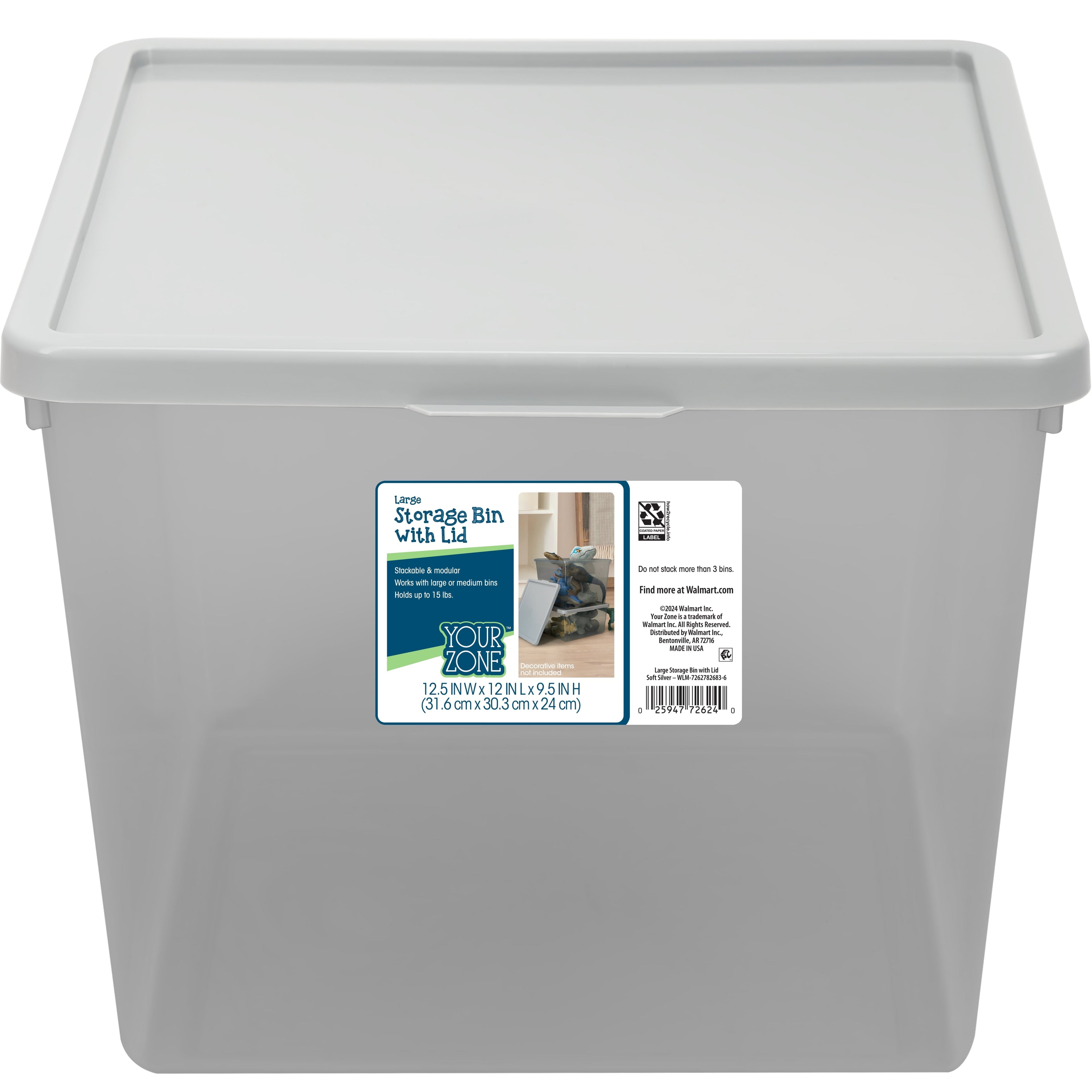Kids Large Tinted Clear Plastic Stacking Storage Bin with Lid, Grey, 12 in x 12.4 in x 9.4 in