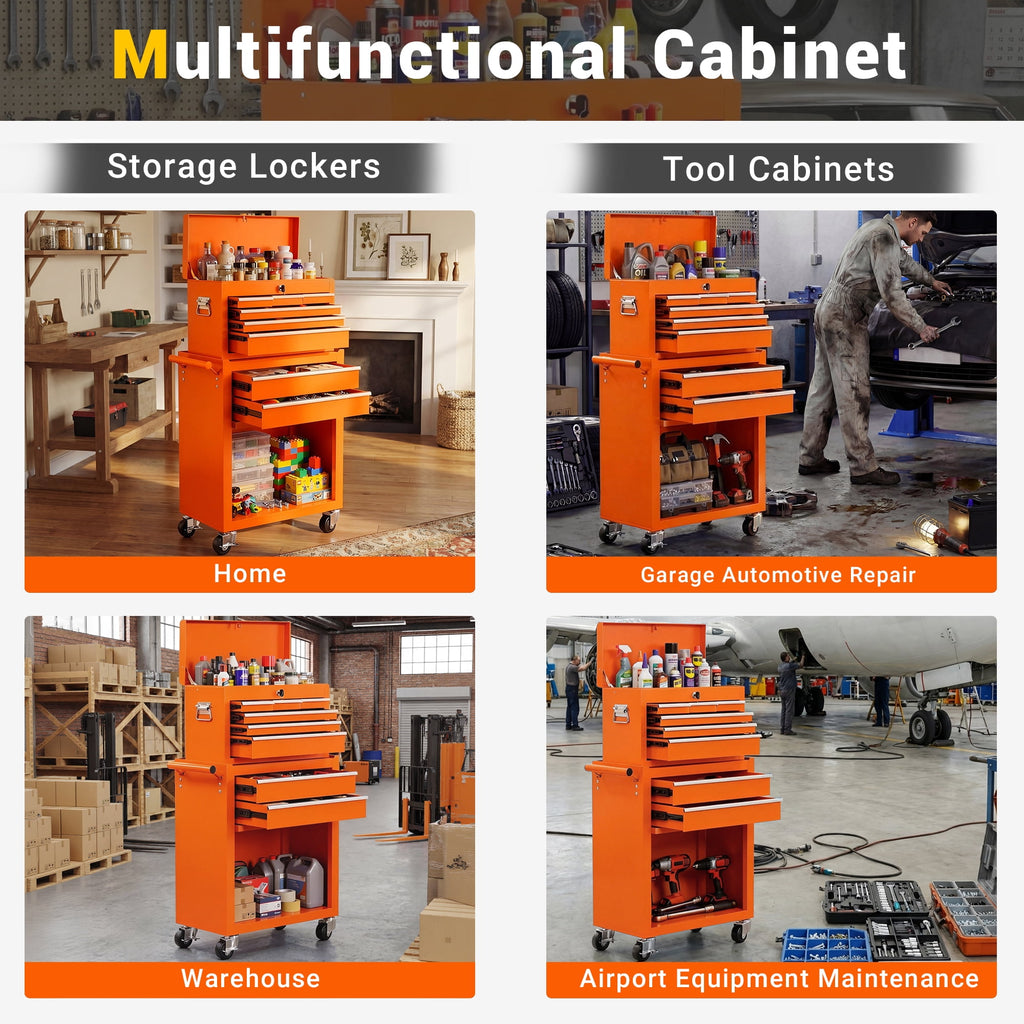 8-Drawer Rolling Tool Chest and Cabinet, Stainless Steel Tool Box with Brake Wheels and 8 Drawers, Orange Detachable ... - Image 4