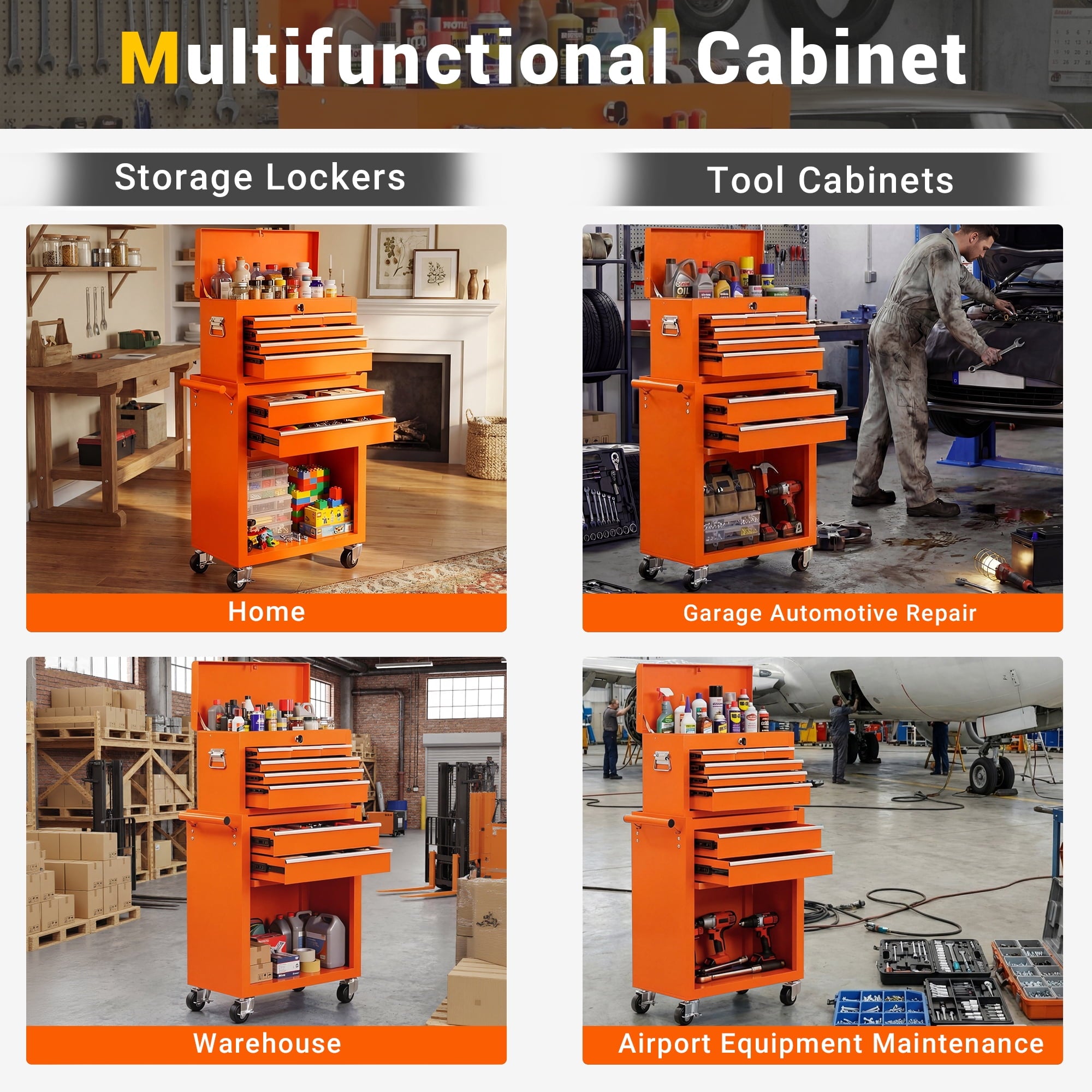 8-Drawer Rolling Tool Chest and Cabinet, Stainless Steel Tool Box with Brake Wheels and 8 Drawers, Orange Detachable ... - Image 4