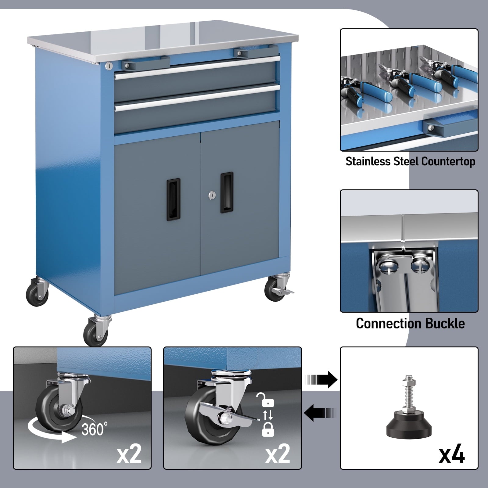 8-Drawer Rolling Tool Chest with Stainless Top & Sliding Drawers - Heavy-Duty Garage Workbench with Wheels - Image 3