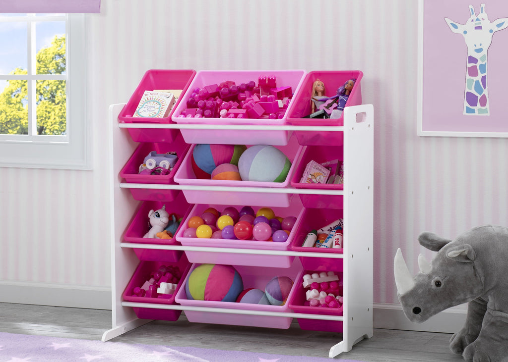 Kids Toy Storage Organizer with 12 Plastic Bins, Greenguard Gold Certified, White/Pink
