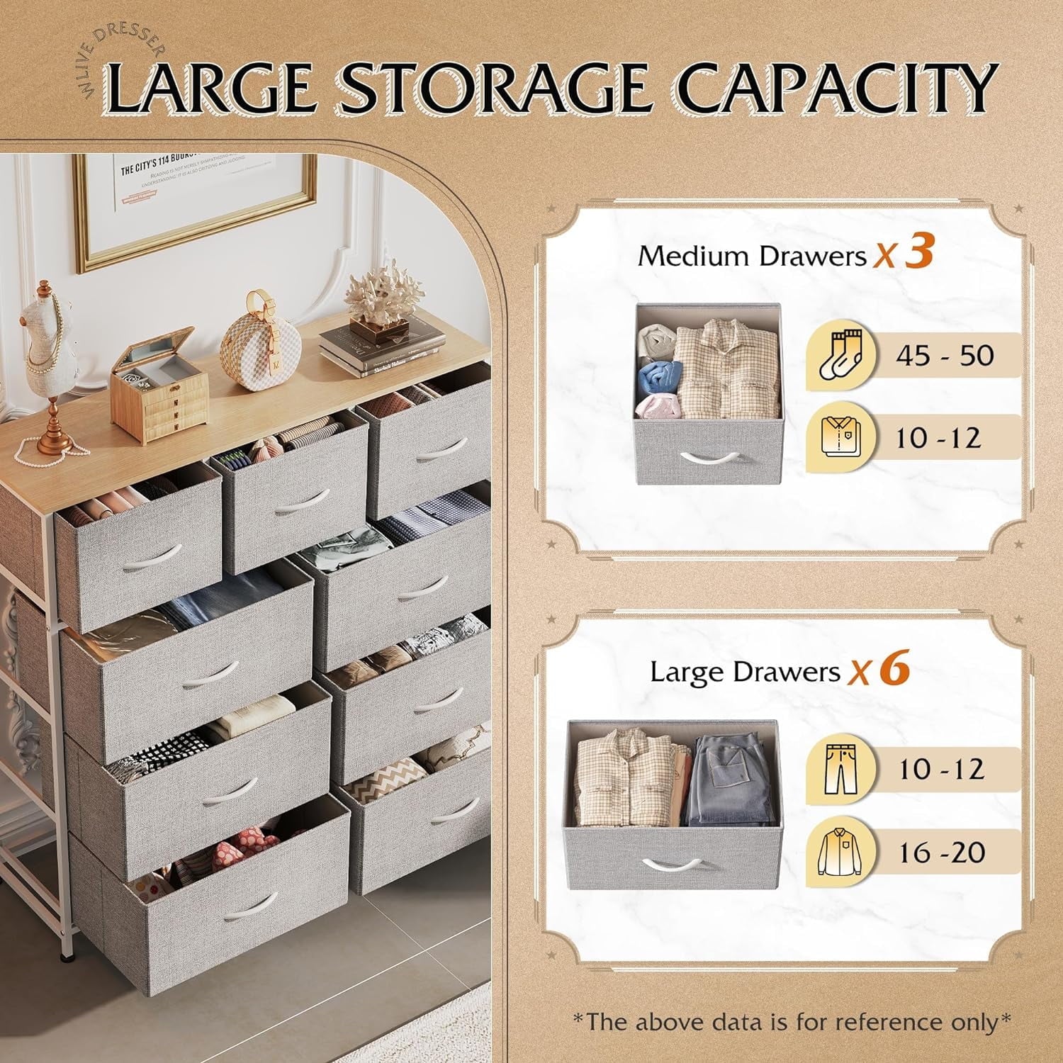 Dresser, Storage Organizer with 9 Drawers for Bedroom, Chest of Drawer with Fabric Bin, Sturdy Metal Frame, Wood Top for Closet, Nursery,Black