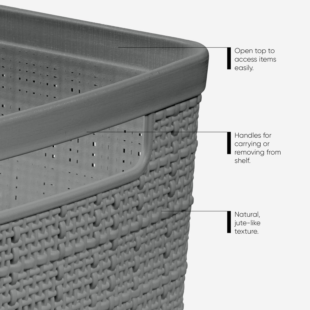 Jute Small Gray Plastic Decorative Storage Basket, 10.6 in x 7.8 in x 4.3 in