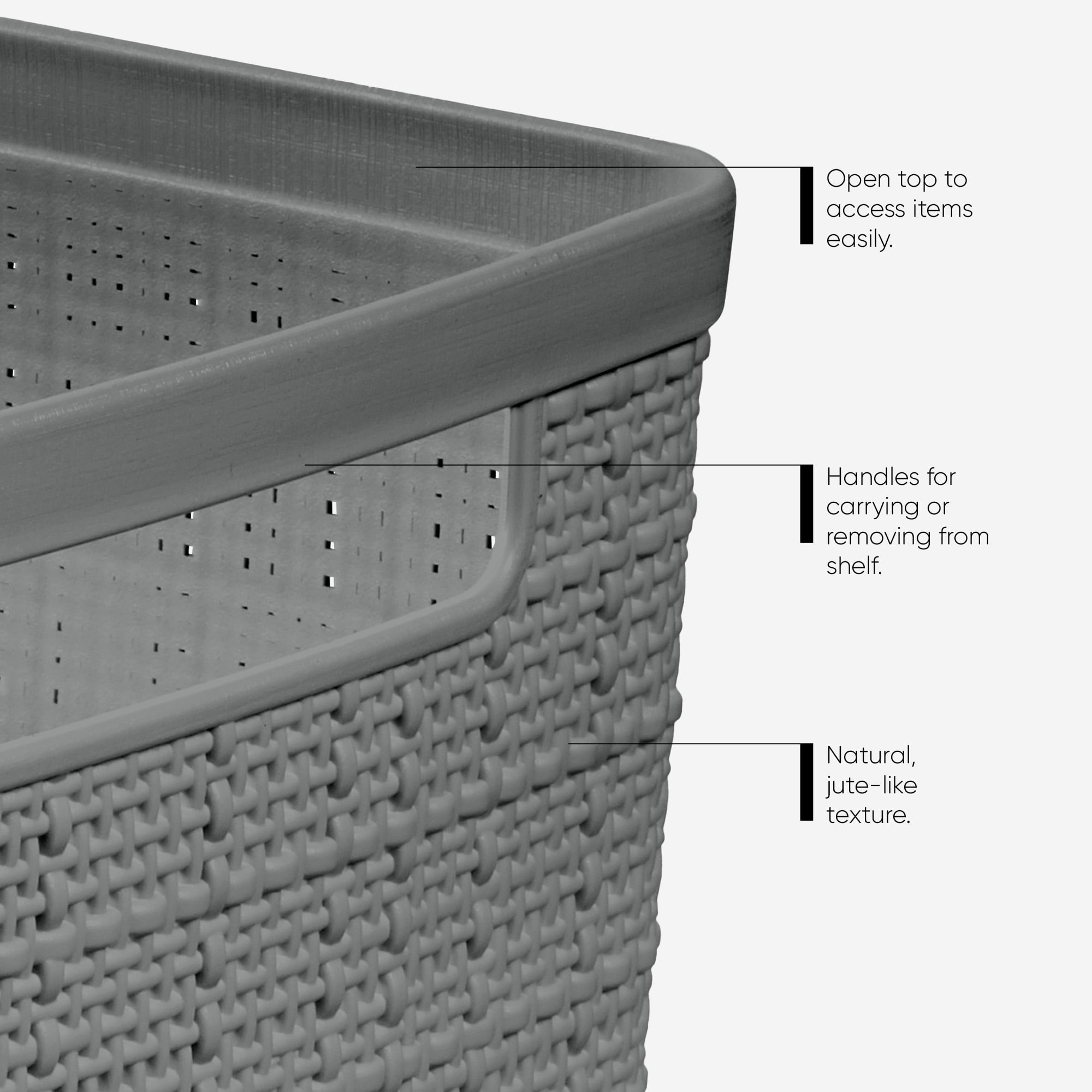 Jute Small Gray Plastic Decorative Storage Basket, 10.6 in x 7.8 in x 4.3 in
