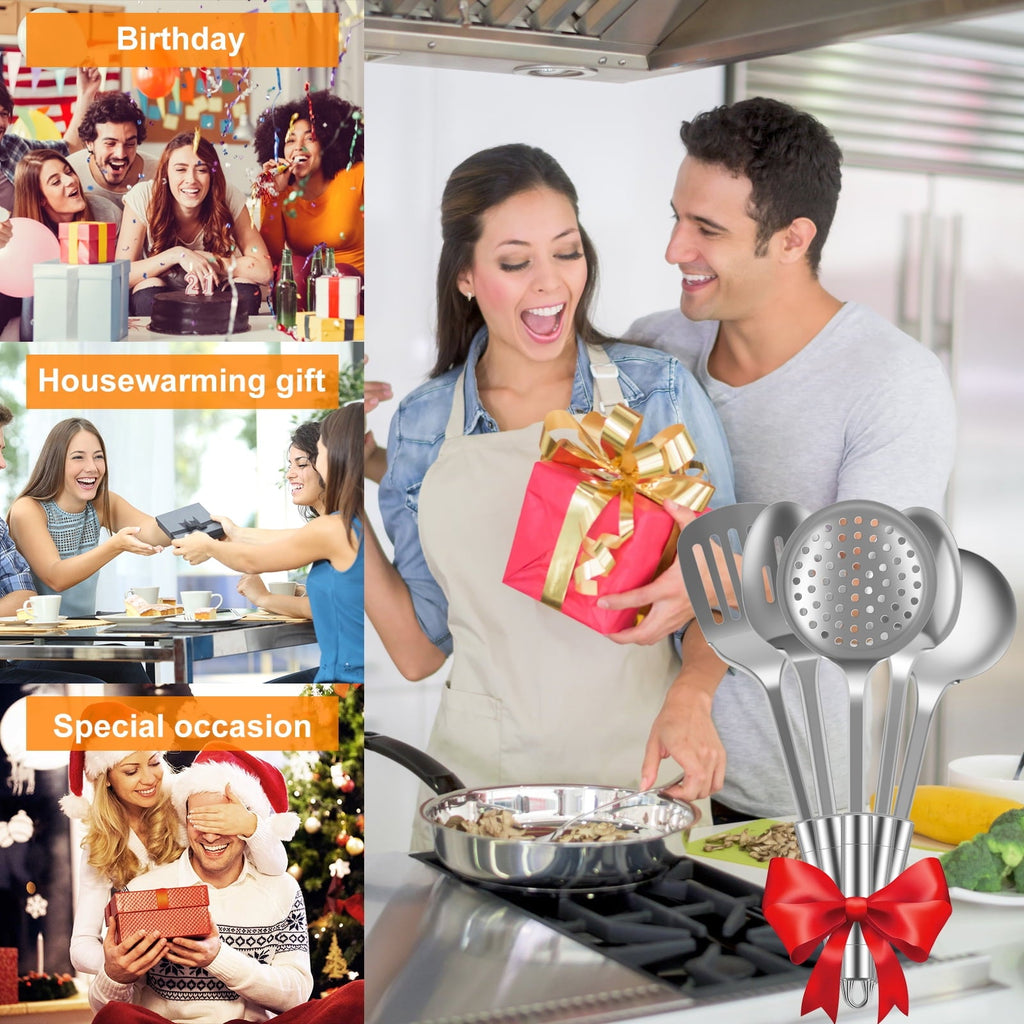 cooking utensils sets 5pcs Metal Stainless Steel Utensil for Cooking Kitchen Cooking Utensils Set Kitchen Gadgets Tools Set Spoons Spatula Sets with Handle Hanging Hole