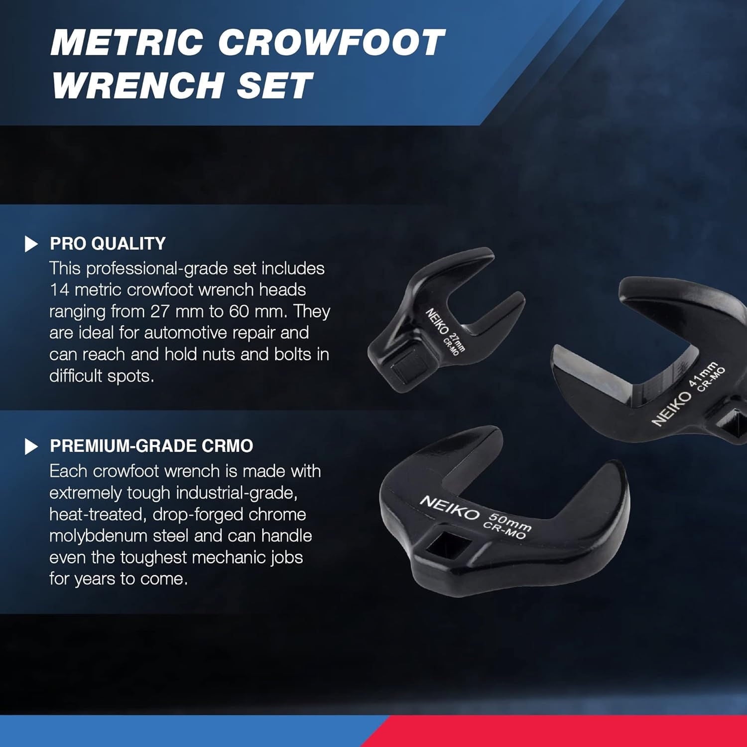 Neiko 03326A 1/2 Drive Jumbo Crowfoot Wrench Set | 14 Piece | Metric | 27 to 50 mm | Cr-Mo Steel - Image 2