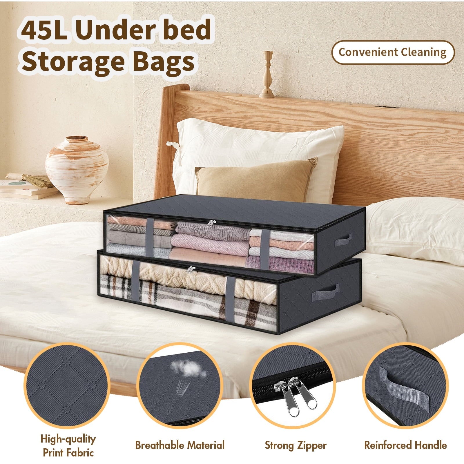 Underbed Storage Bag 90L, 3 Large Bins with Reinforced Handles Containers, Visible Clothes Storage Bags for Blanket Pillow Quilts, Closet Organizers