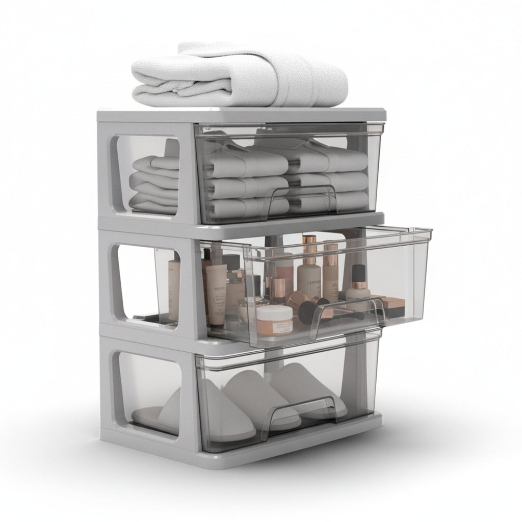 Knock Down Medium Storage Cart with Drawers, Silver Plastic